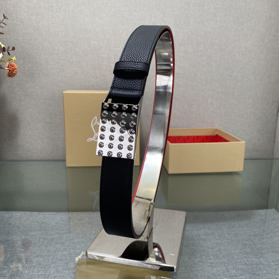3.5宽Christian Louboutin 男士Ricky标志性徽标搭扣黑色腰带红色底
