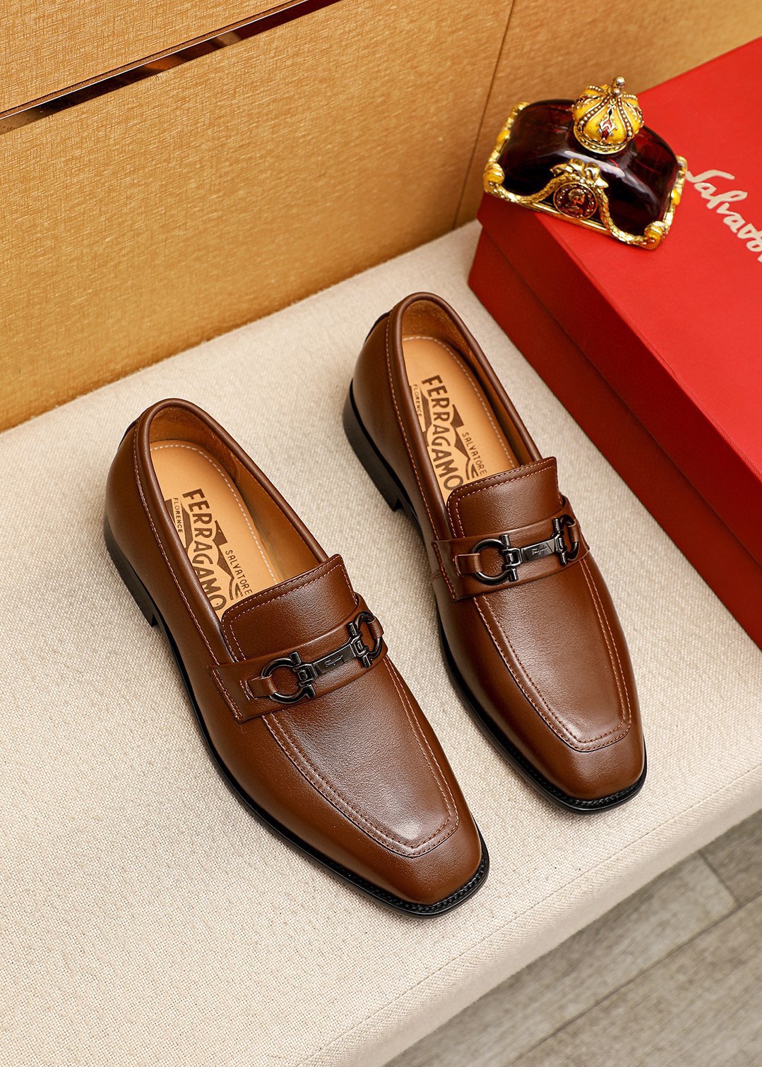 Ferragamo Men's Brown Leather Loafers with Metal Buckle Accent 1 Ferragamo Men's Brown Leather Loafers with Metal Buckle Accent