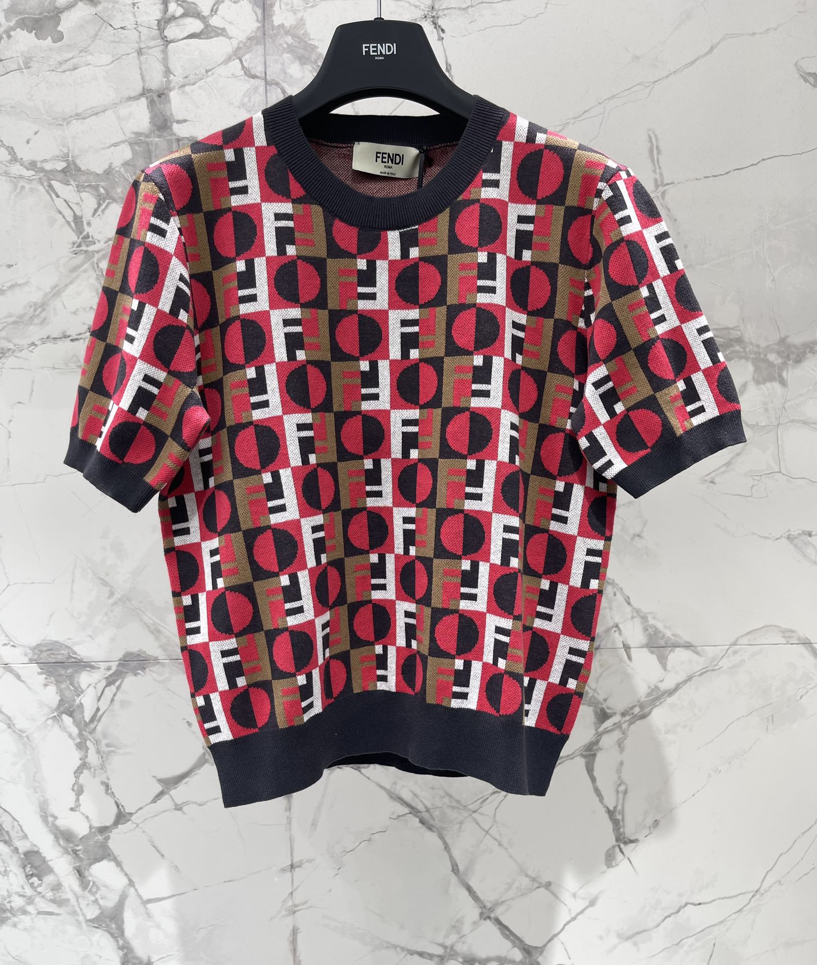 FENDI Striped Colorblock Crewneck Knitted Short Sleeve Top - Classic Design 3 i1744017757 6213 1
