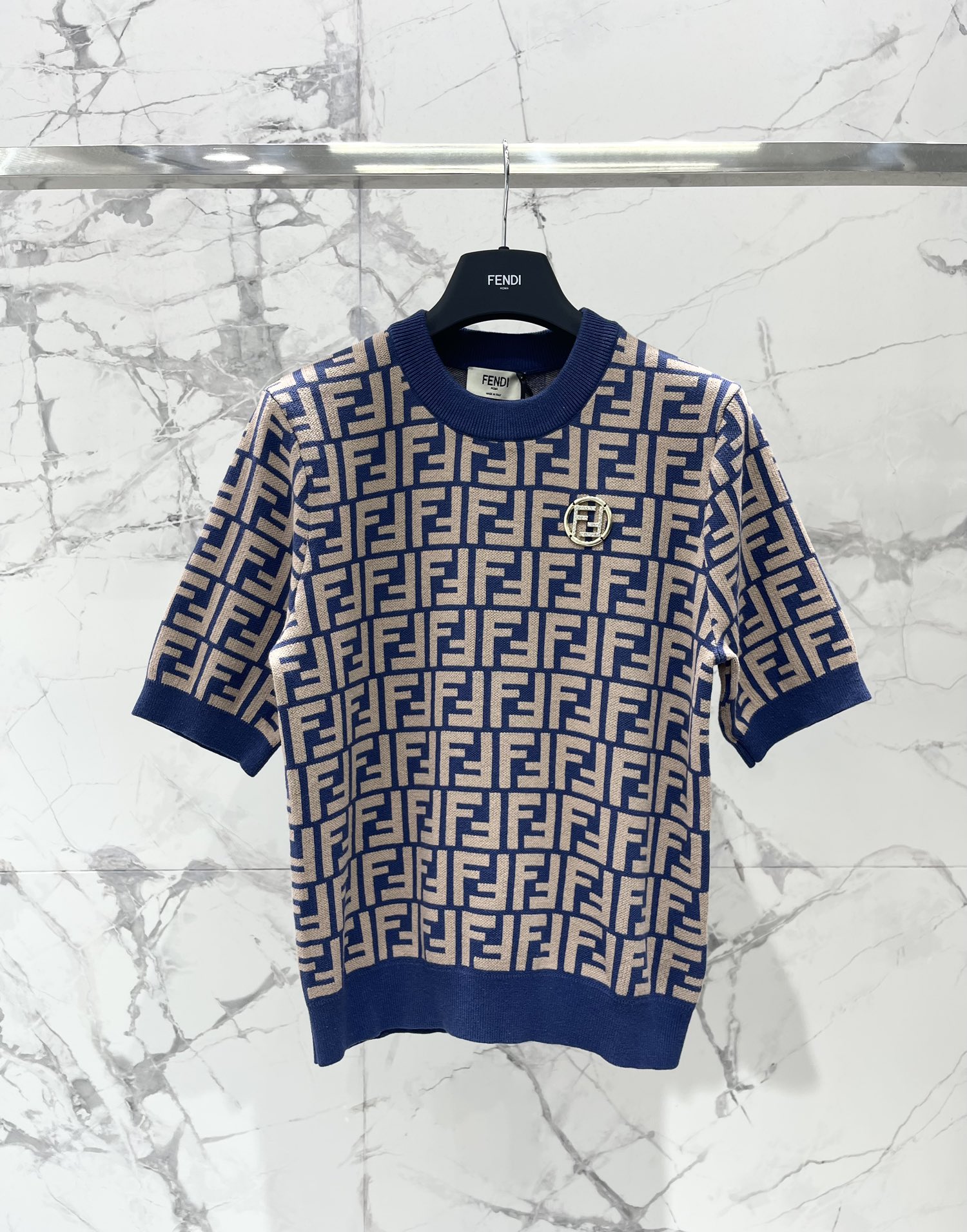 Fendi Women's Blue and Beige FF Motif Knit Short Sleeve Top 2 i1744021150 1433 0