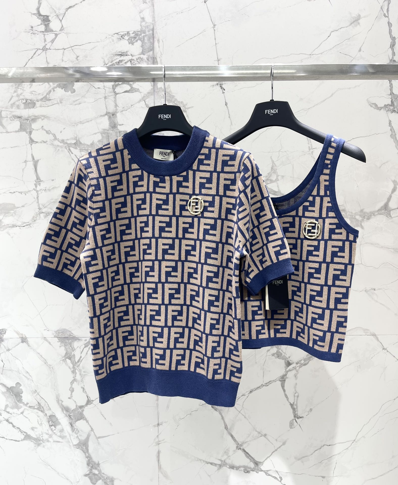 Fendi Women's Blue and Beige FF Motif Knit Short Sleeve Top 3 i1744021150 256 1
