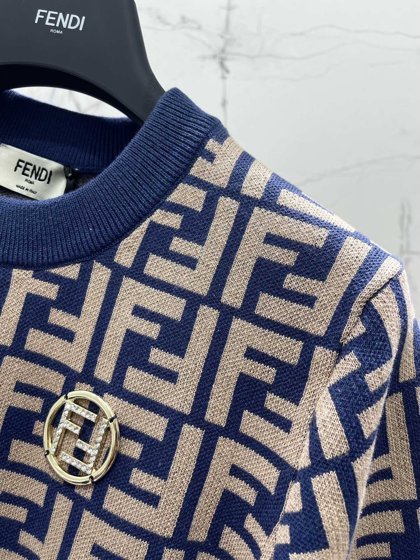 Fendi Women's Blue and Beige FF Motif Knit Short Sleeve Top 6 i1744021150 7094 3