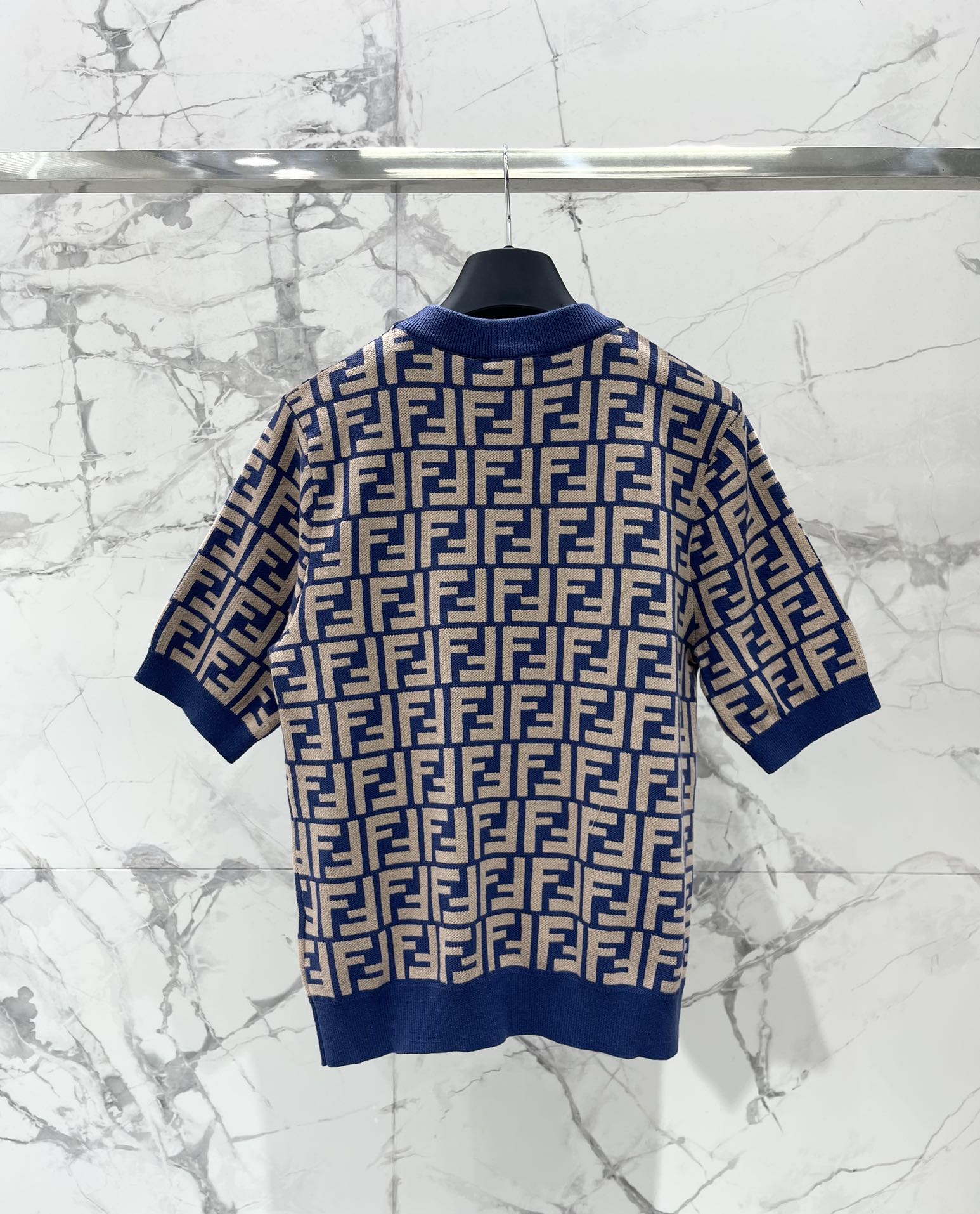 Fendi Women's Blue and Beige FF Motif Knit Short Sleeve Top 10 i1744021150 7648 7