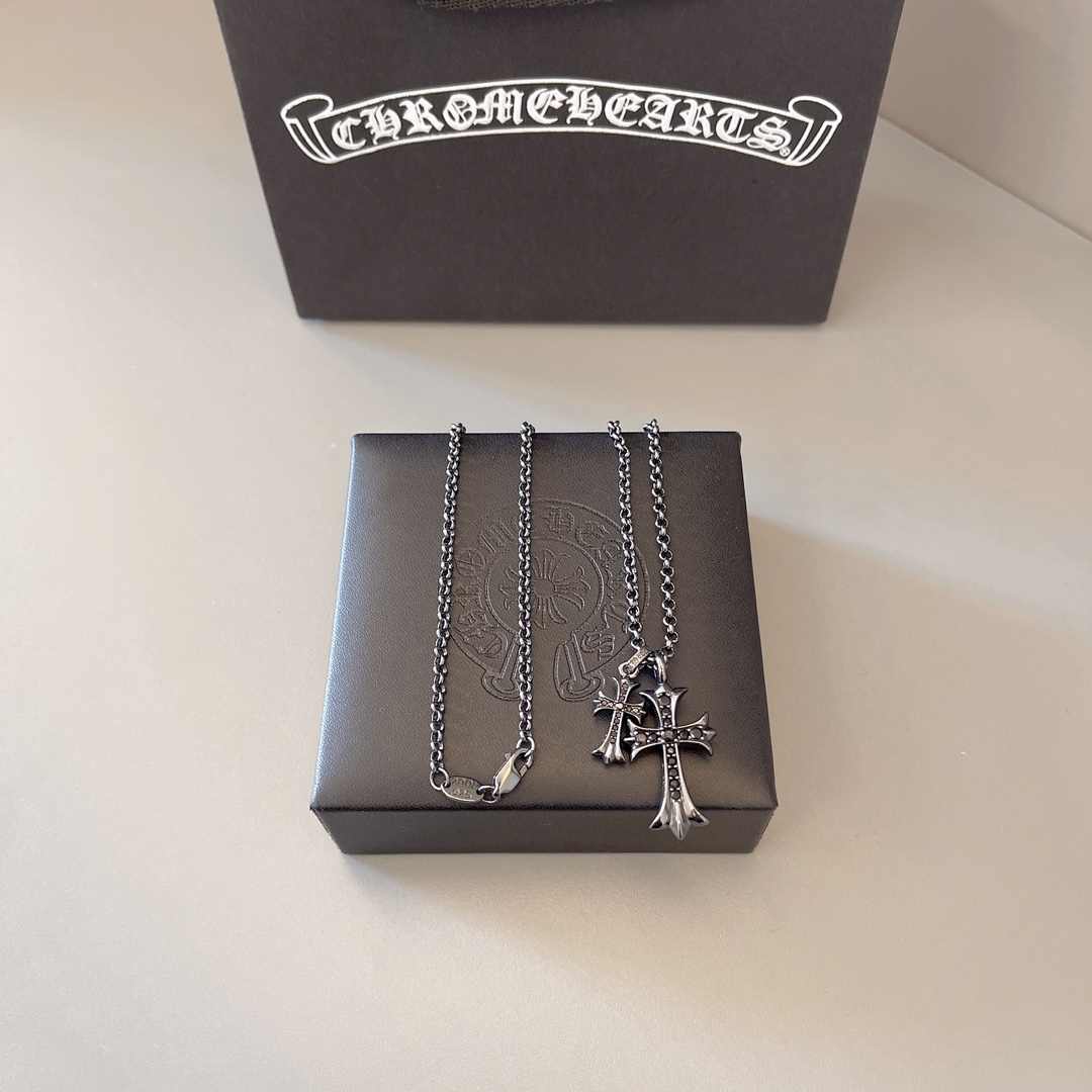 NO:109368,chklaula inlaid basket diamond double cross pin black gun necklace female retro black punk silver male and female necklace, jewelry boutique, necklace19860909ch克啰伈镶篮钻双十字架别针黑枪项链女复古黑色朋克泰银男女项链,饰品精品,necklace,Jewelry