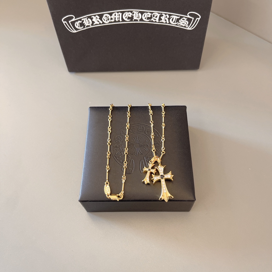 NO:109377,Croxin gold bag silver double cross necklace men and women same style fashion brand personality sweater chain, jewelry boutique, chrome hearts, sweaters, necklace, gold19860909克罗心黄金包银双十字架项链男女同款潮牌个性毛衣链,饰品精品,chrome hearts,sweaters,necklace,gold,Jewelry