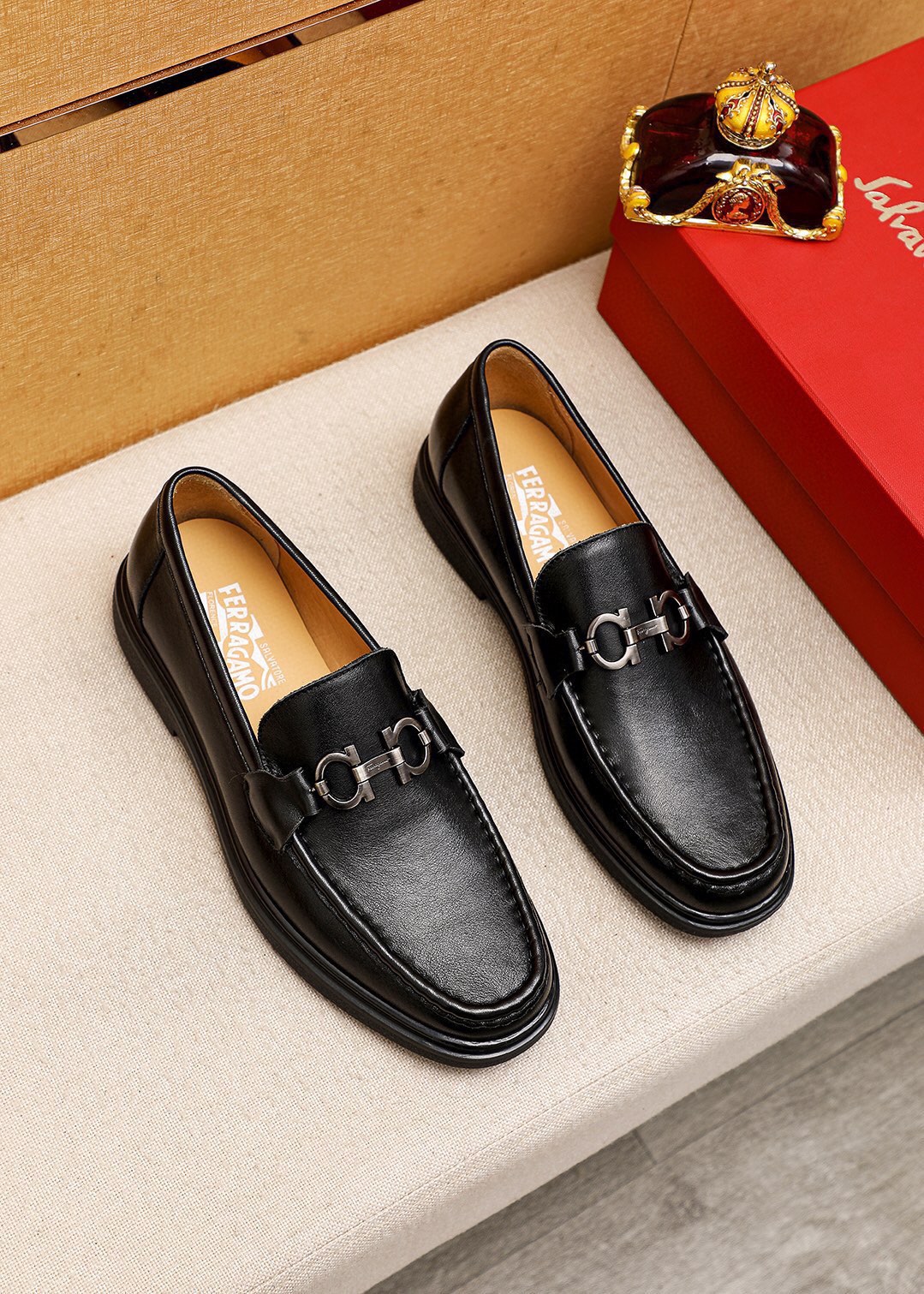 Salvatore Ferragamo Men's Black Leather Loafers with Buckle Detail, Sizes 38-44 1 Salvatore Ferragamo Men's Black Leather Loafers with Buckle Detail, Sizes 38-44