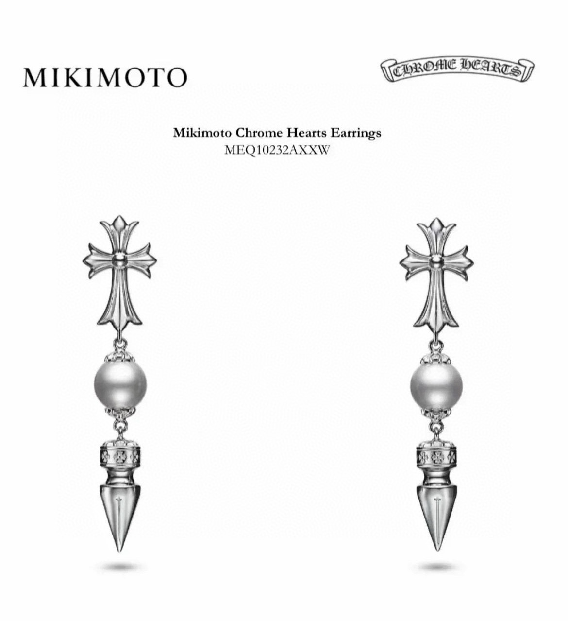 NO:109761,Croxin×Mikimoto Mikimoto Cross Pearl Bullet Earrings Cleverly combines feminine white pearls with Chrome Hearts iconic cross elements, rock and softness, wildness and gentleness, and avant-garde personality., jewelry boutique, chrome hearts, chrome hearts, chrome hearts19860909克罗心×Mikimoto 御木本联名款十字架珍珠子弹耳坠 巧妙将女性气质的白色珍珠与 Chrome Hearts 标志性十字架元素相融合,摇滚与柔美,野性与温柔和解,个性前卫.,饰品精品,chrome hearts,chrome hearts,Jewelry