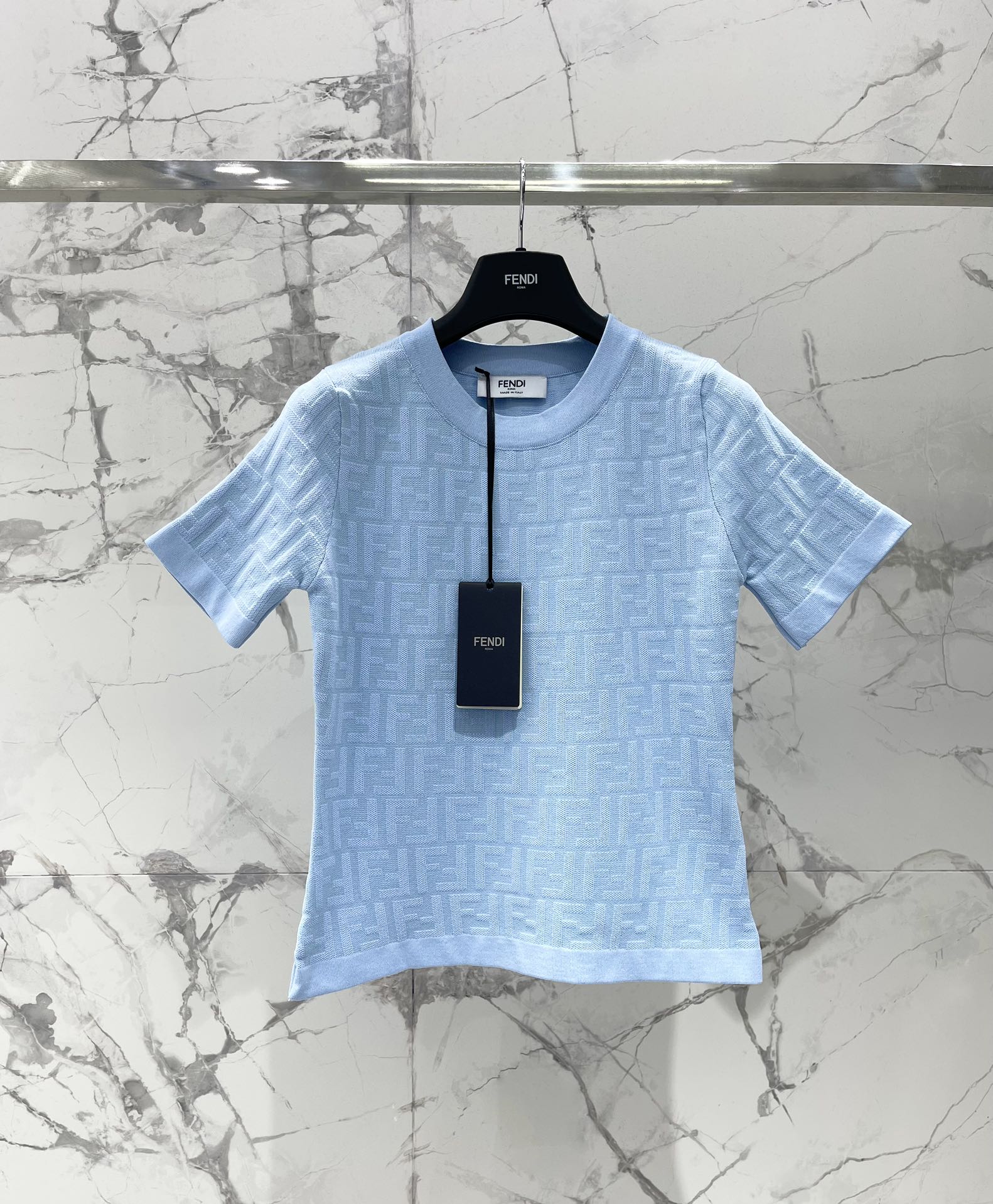 Fendi FF Logo Jacquard Knit Top, Slim Fit Short Sleeve T-Shirt - Sky Blue 2 i1744191150 1781 0