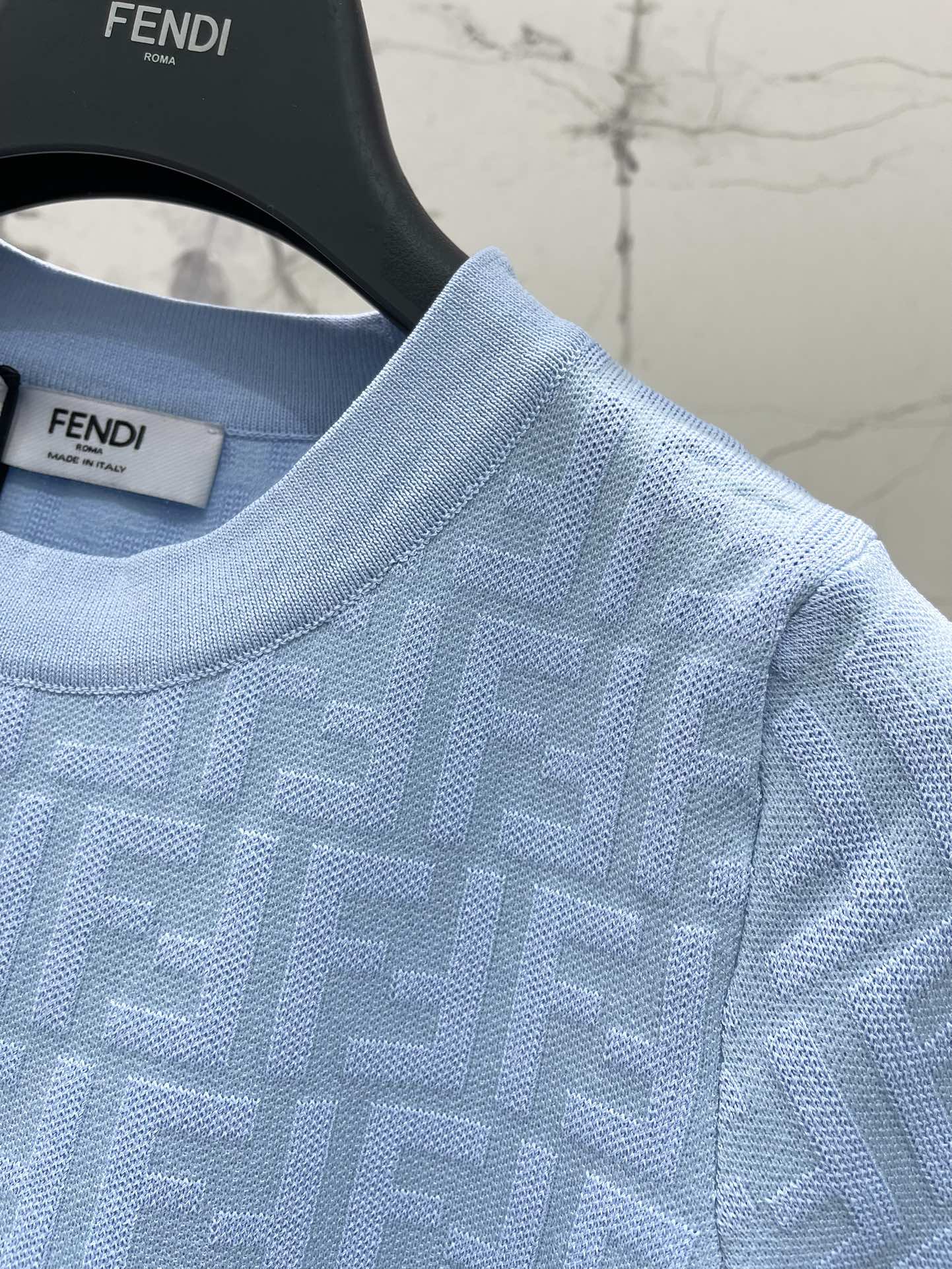 Fendi FF Logo Jacquard Knit Top, Slim Fit Short Sleeve T-Shirt - Sky Blue 5 i1744191150 7065 2