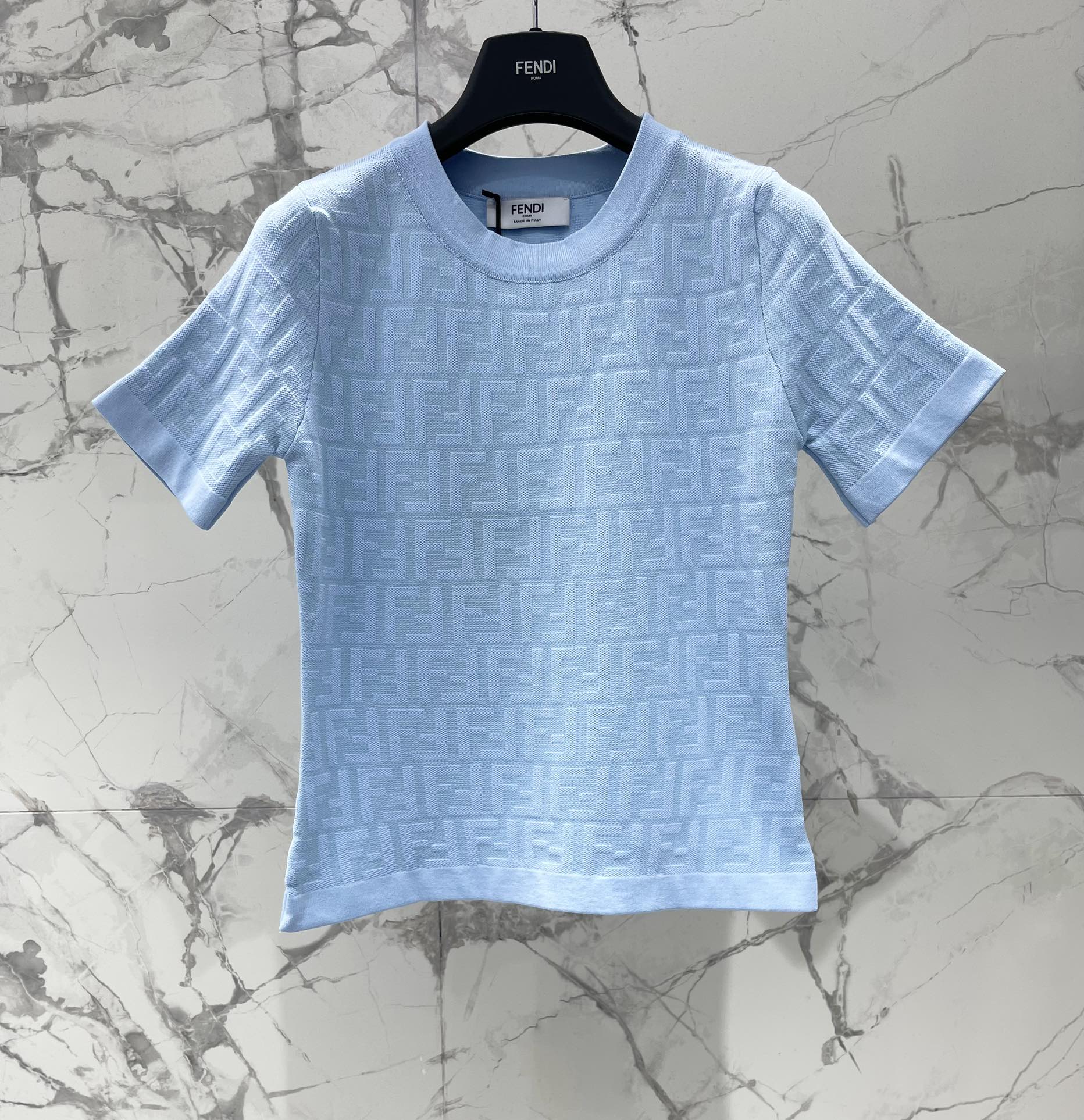 Fendi FF Logo Jacquard Knit Top, Slim Fit Short Sleeve T-Shirt - Sky Blue 3 i1744191150 9000 1