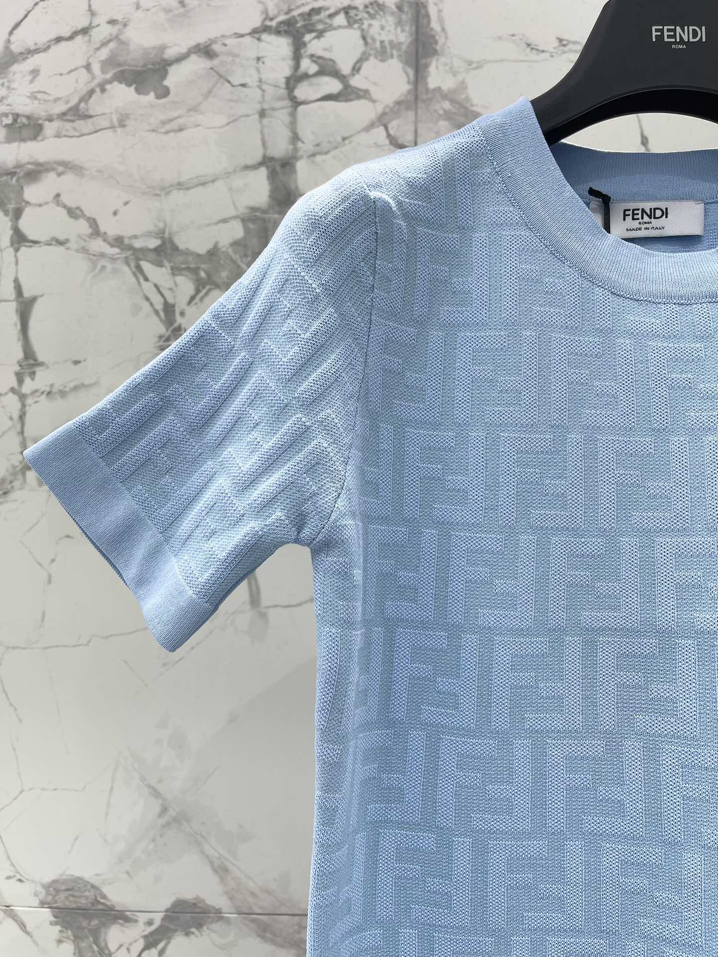 Fendi FF Logo Jacquard Knit Top, Slim Fit Short Sleeve T-Shirt - Sky Blue 4 i1744191150 9778 4