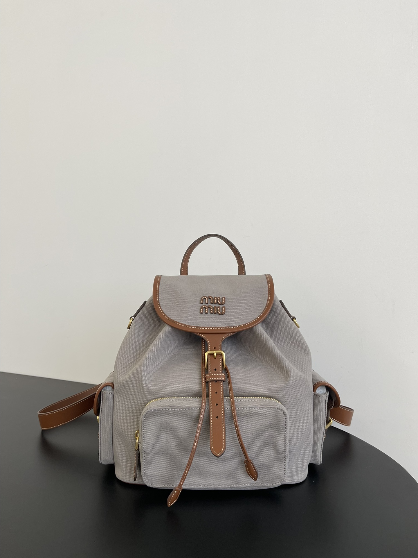 Canvas Calfskin Backpack Flap Side Pocket Handbag