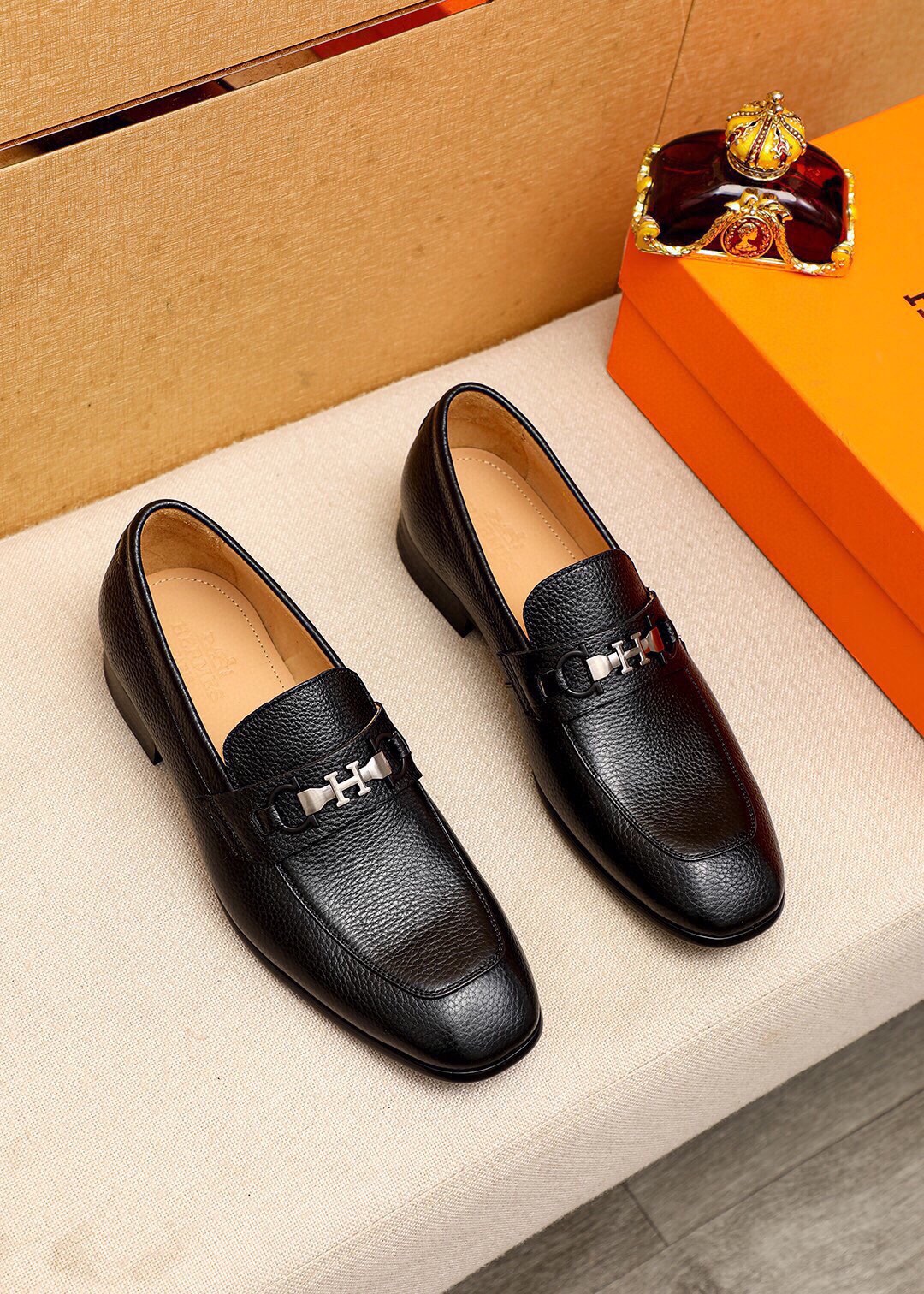 Hermes Men's Black Leather Loafers with Silver Buckle, Sizes 38-44 2 i1744426242 4809 0
