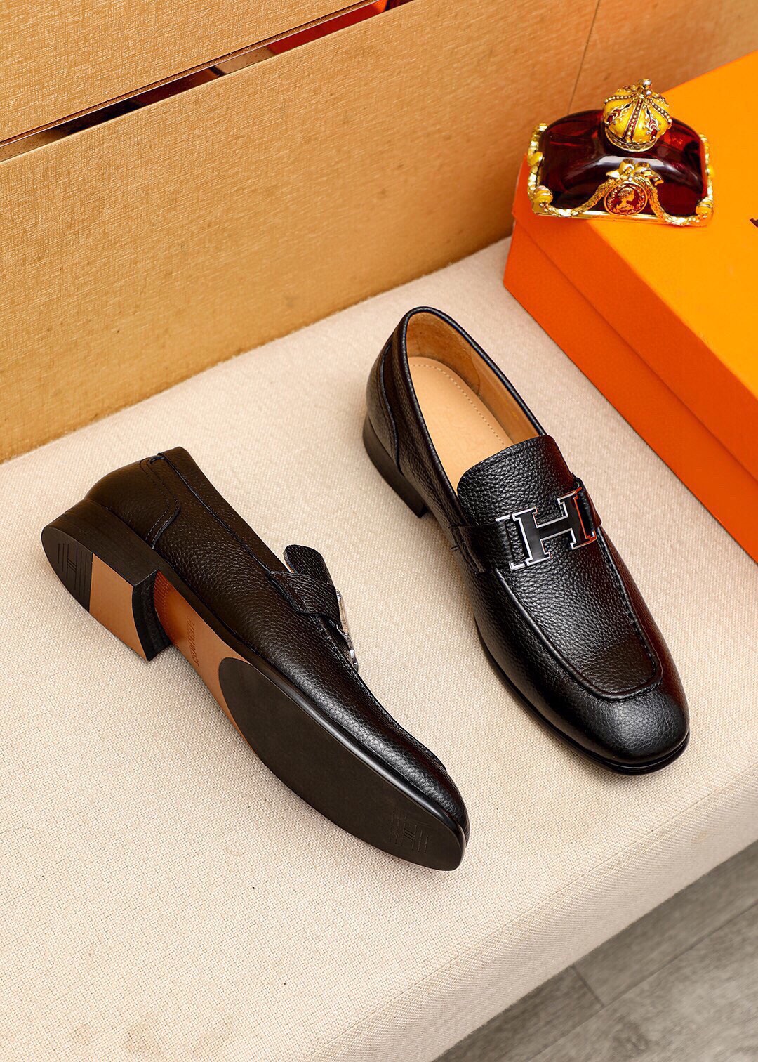Hermes Men's Business Casual Leather Loafers, Size 38-44, Black 4 i1744426279 9386 2