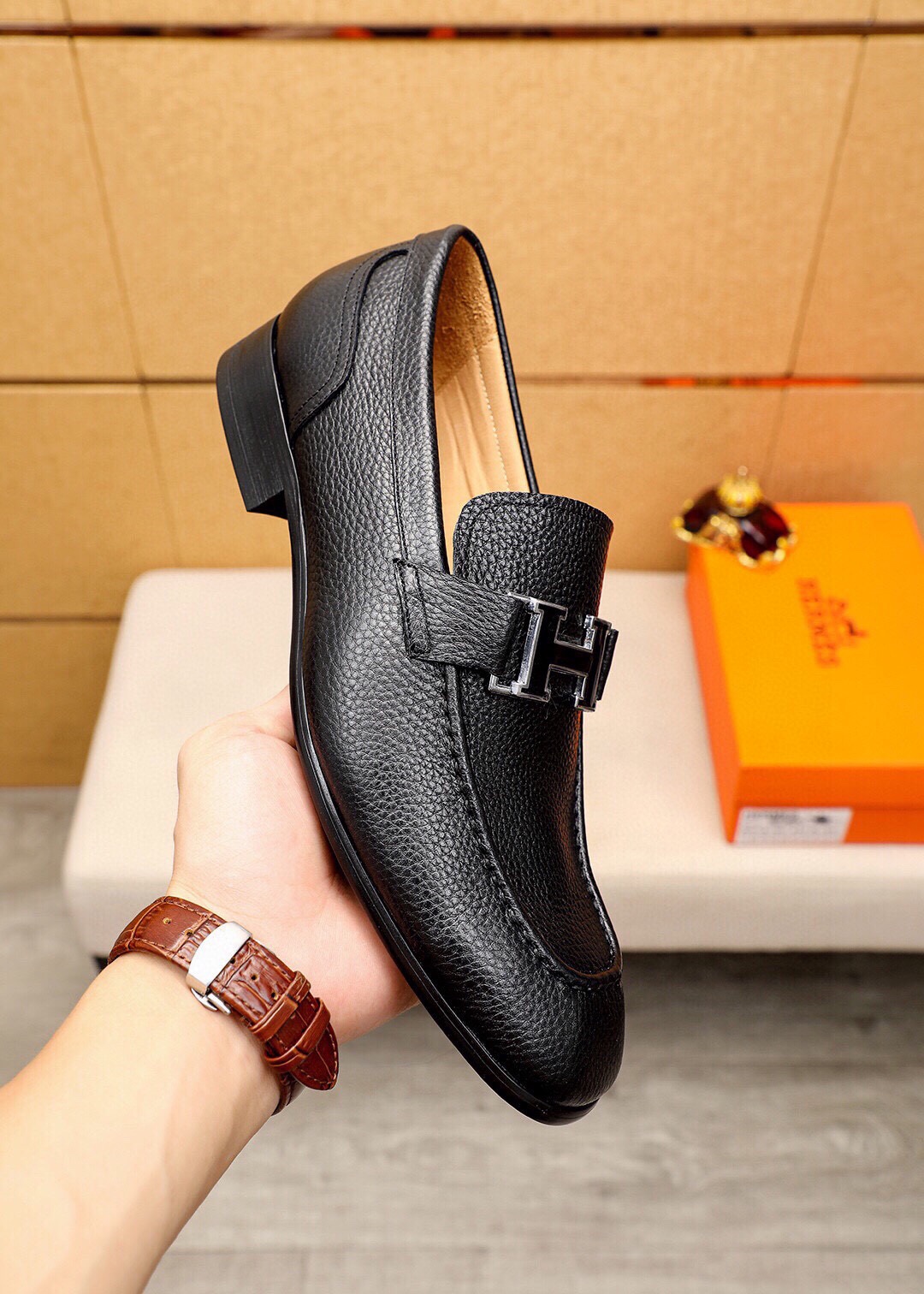 Hermes Men's Business Casual Leather Loafers, Size 38-44, Black 5 i1744426279 9724 3