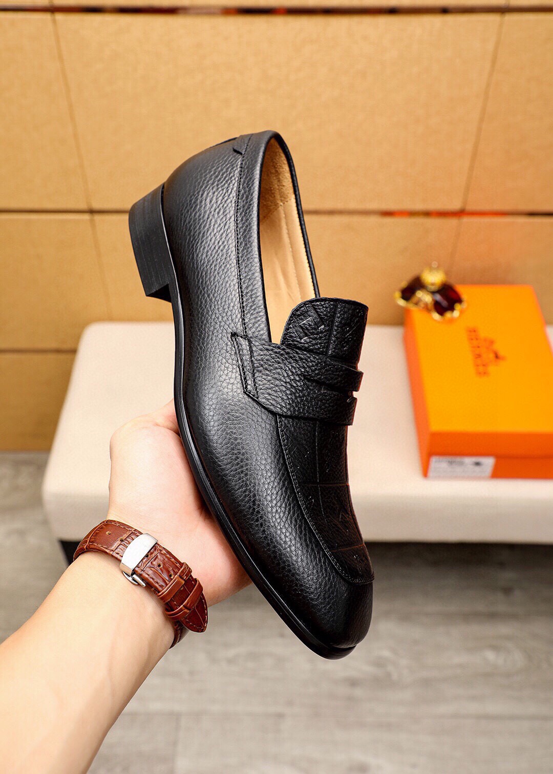 Hermes Men's Black Leather Loafers Business Casual Shoes Size 38-44 6 i1744426390 3476 4