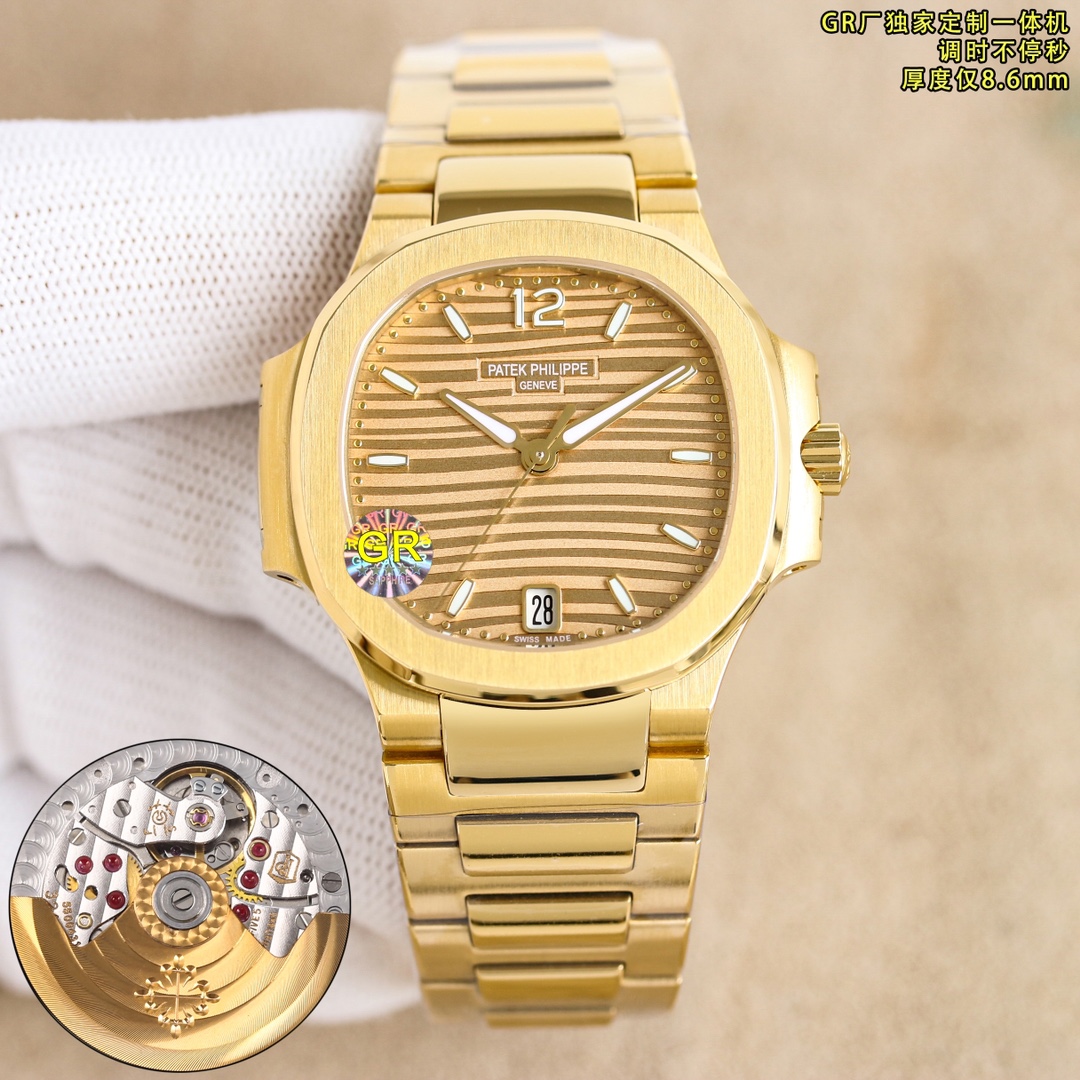 NO:337449,2025 white 1350 pattern 1400 brick 50, GR new women's watch v2 version strongly recommends P female Nautilus. Welcome to compare details 1 match with the exclusive customized version of 9015 machine-modified Cal.324sc integrated automatic movement, adjusting continuously, adjusting continuously, adjusting continuously, adjusting continuously, adjusting continuously, adjusting continuously, special kinetic energy storage for 45 hours, vibration frequency 28,800 per hour. 2316L custom-grade ergonomic strap!  3 watch size 35.2MM, thickness 8.6mm, 4 set with 56 Swarovski crystal diamonds in the same number as genuine diamonds. 5 watch mirror double-sided anti-glare sapphire crystal glass. 6 literal color is the same as genuine. 