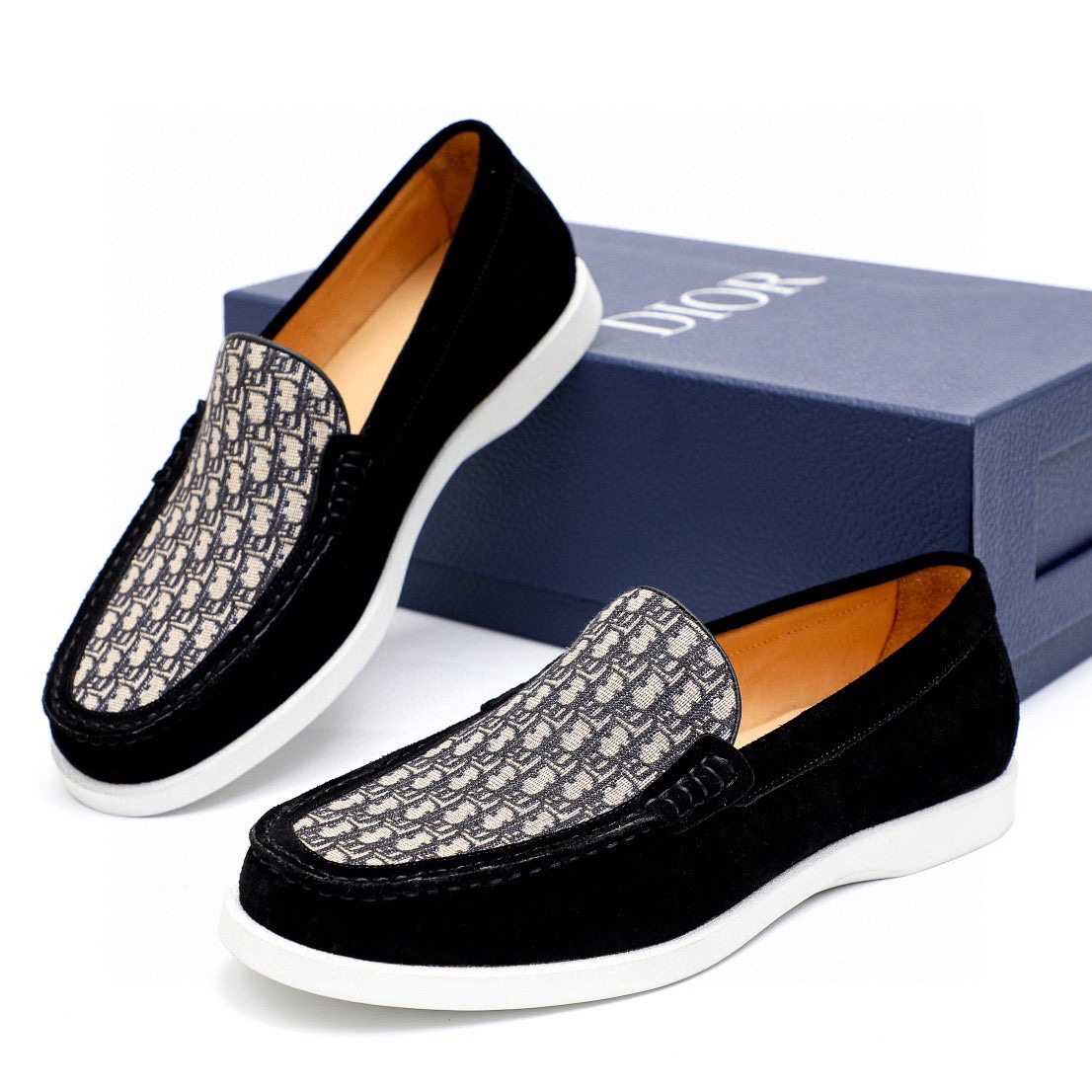 Dior Men's Leather Loafers With Signature Oblique Pattern, Black and Beige 1 Dior Men's Leather Loafers With Signature Oblique Pattern, Black and Beige