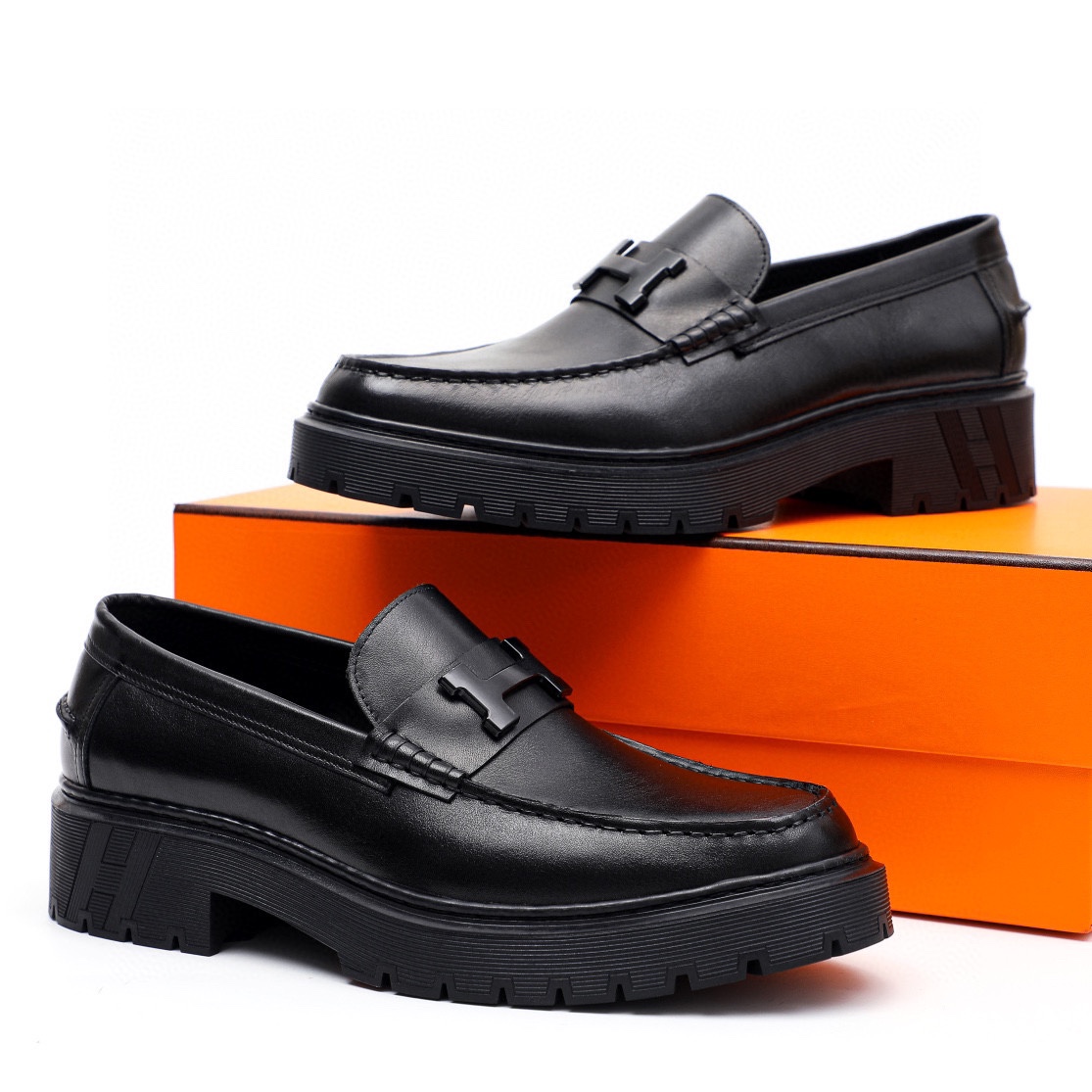 Hermes Men's Black Leather Mocassin Loafers with Gold Buckle Detail 1 Hermes Men's Black Leather Mocassin Loafers with Gold Buckle Detail