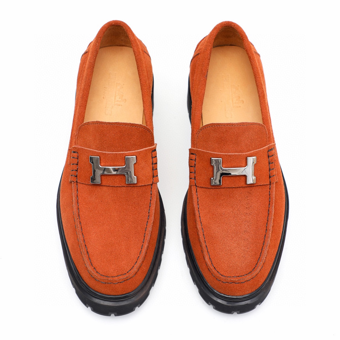 Hermès HEPMES Men's Mocassin Loafers in Orange Suede with Silver Buckle 6 i1744521437 642 4