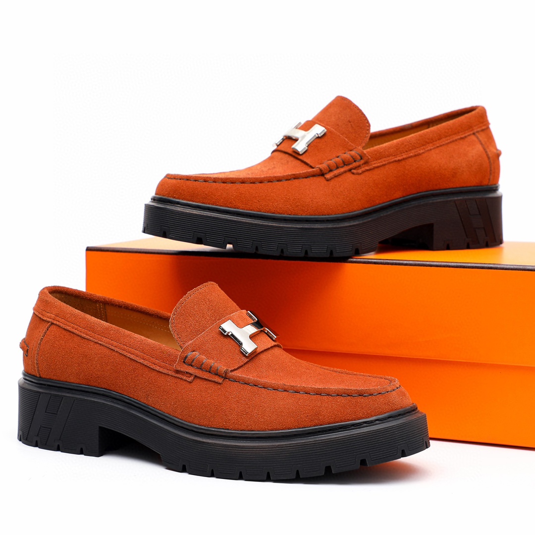 Hermès HEPMES Men's Mocassin Loafers in Orange Suede with Silver Buckle 2 i1744521437 6467 0