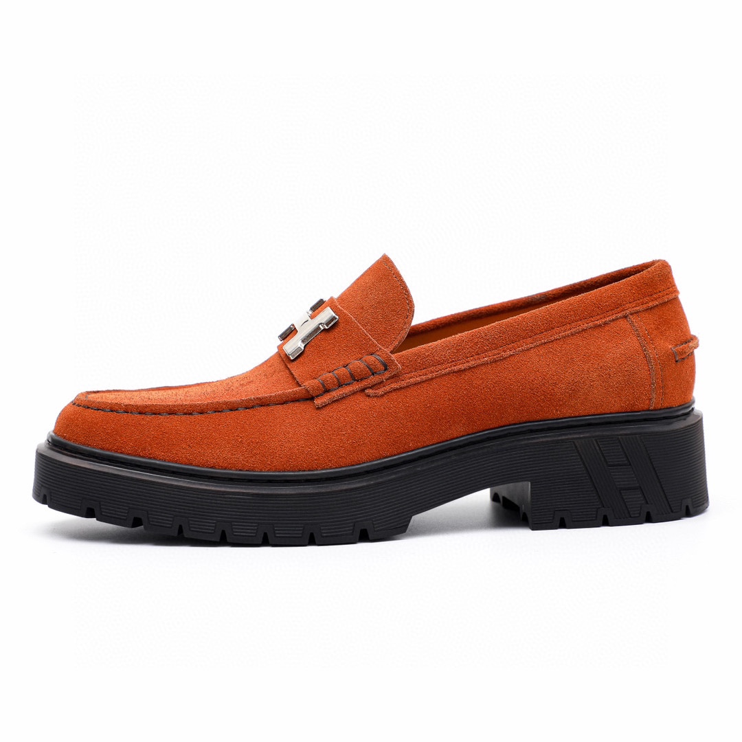 Hermès HEPMES Men's Mocassin Loafers in Orange Suede with Silver Buckle 7 i1744521437 7542 5