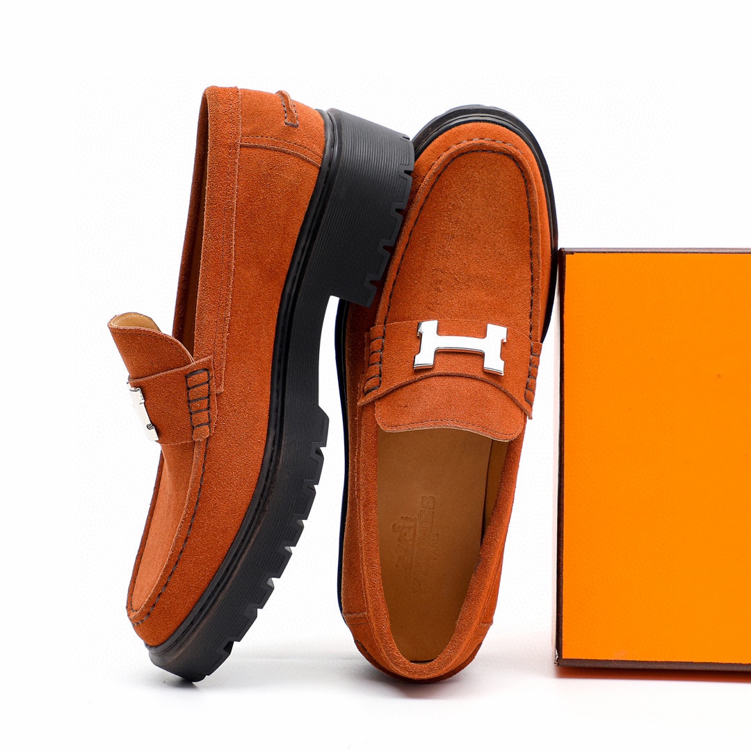 Hermès HEPMES Men's Mocassin Loafers in Orange Suede with Silver Buckle 8 i1744521437 9340 6