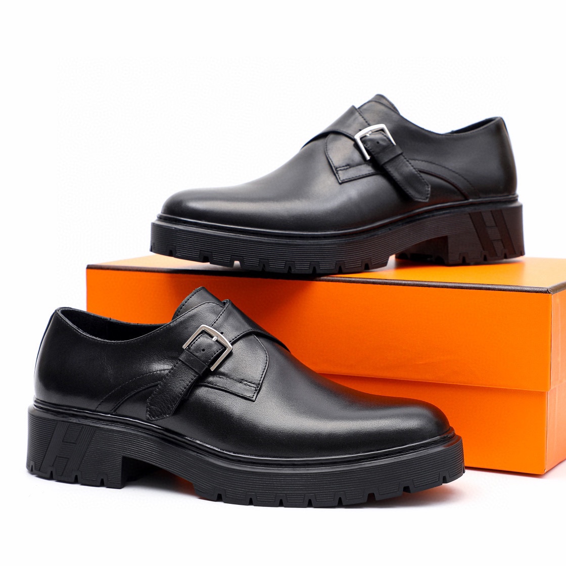 Hermes Men's Black Leather Monoclès Loafers Buckle Shoes 1 Hermes Men's Black Leather Monoclès Loafers Buckle Shoes