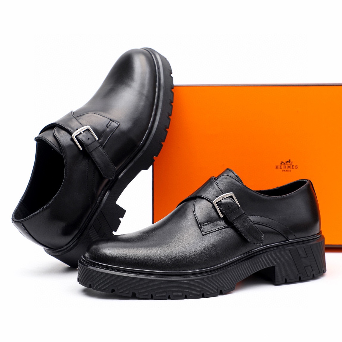Hermes Men's Black Leather Monoclès Loafers Buckle Shoes 4 i1744521697 5587 2