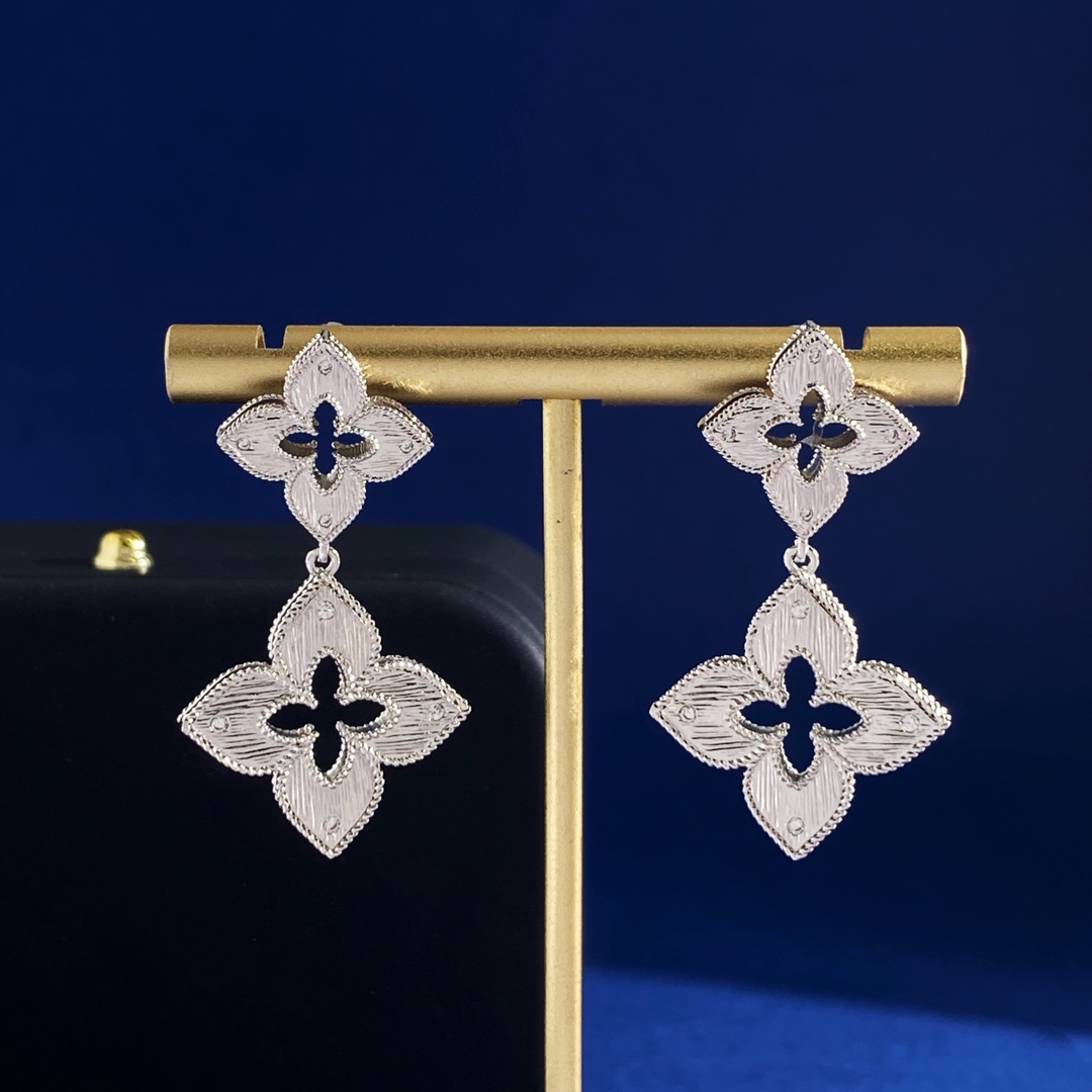 Roberto Coin Princess Flower earrings 18k white gold with diamond accents 3 8cm drop length