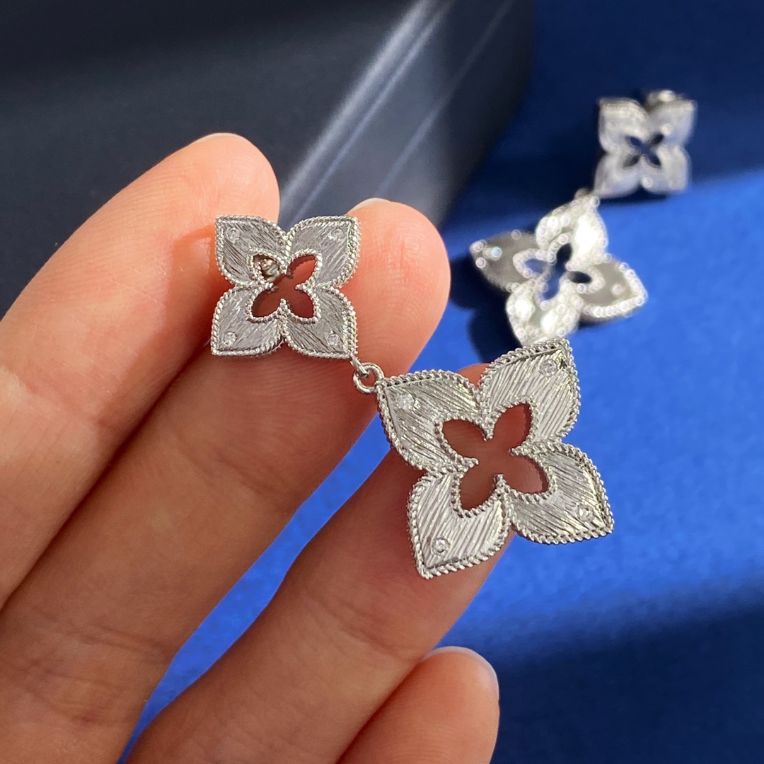 Roberto Coin Princess Flower earrings 18k white gold with diamond accents 3 8cm drop length
