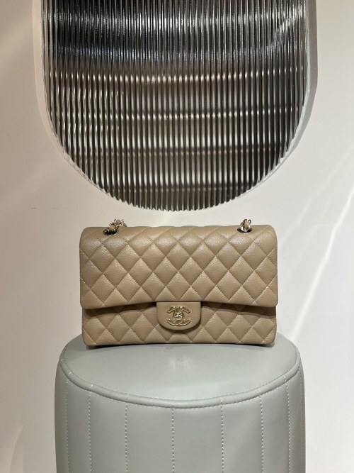 Chanel Classic Flap Bag, Medium Size, Caviar Leather, Beige with Gold Hardware 1 Chanel Classic Flap Bag, Medium Size, Caviar Leather, Beige with Gold Hardware