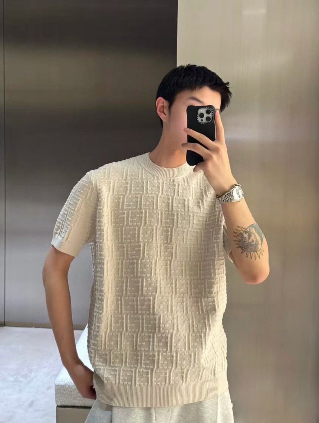  FENDI芬迪FD 双F Sellerid全印针织短袖T恤 上身效果#