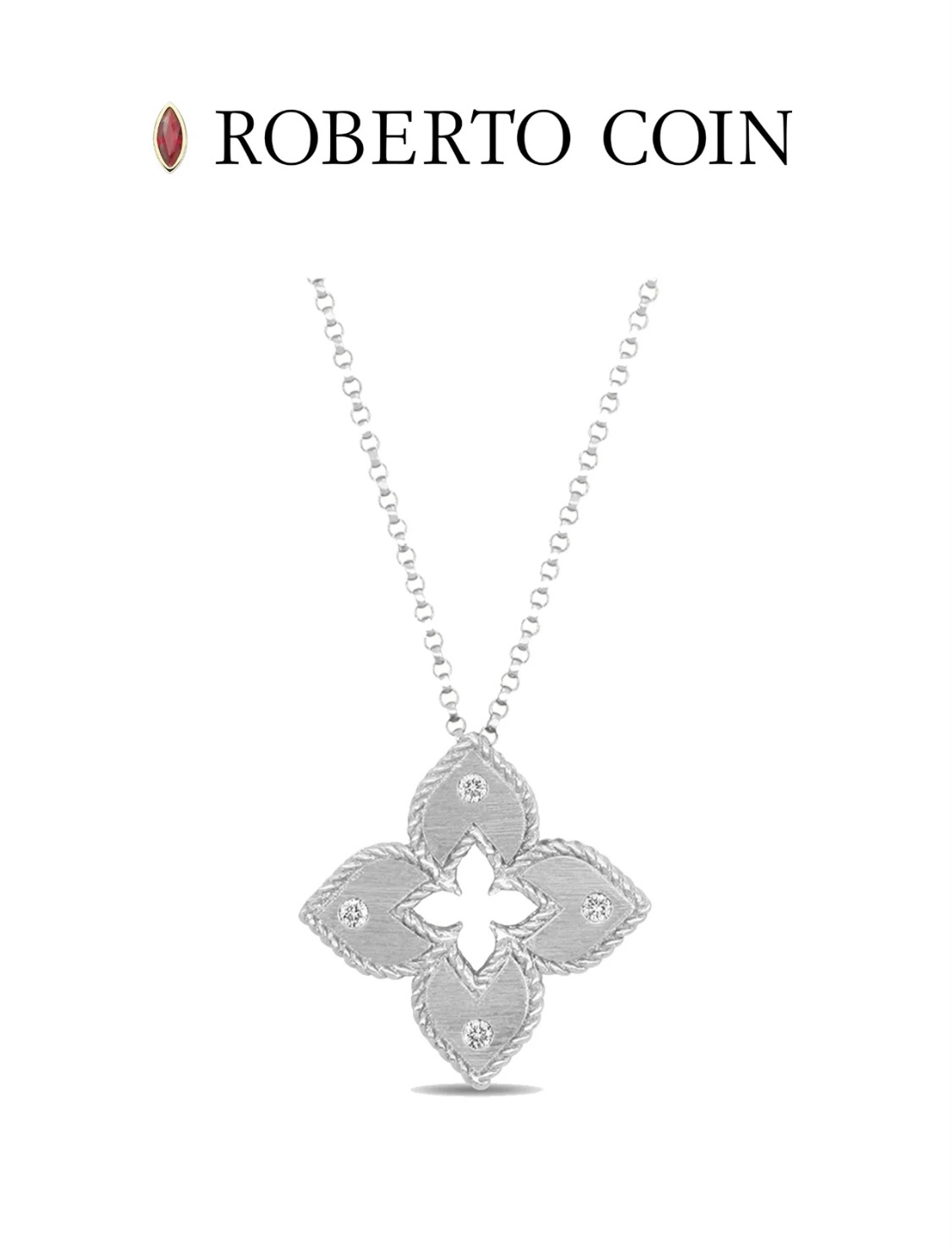  RC80 48 52
Roberto Coin珂瑛 四瓣花 四叶花 镶小白钻金属拉丝镂空玑镂雕花单花项
