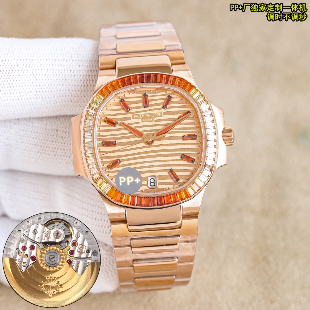 NO:337493,A set of 2050 GR Patek Philippe Nautilus women's watches launch a new jewelry style, giving away a custom watch box for value travel. The octagonal bezel is set with double rows of 68 long manganese aluminum garnets, showing a double gradient effect from cognac (12 o'clock and 6 o'clock) to champagne (9 o'clock and 3 o'clock). The dial is set with pointed cognac manganese aluminum garnet hour markers. Between the light and shadow flow, this rare masterpiece fully displays modern charm. The dial is decorated with the unique corrugated pattern of Nautilus women's watches, ensuring clearness and easy to distinguish, reflecting Patek Philippe's pursuit of readability, even jewelry watches are no exception. Watch Customized 9015-modified 324SC automatic winding mechanical movement movement window-style date display. Center large seconds hand. Dial  Rose gold plated dial, 