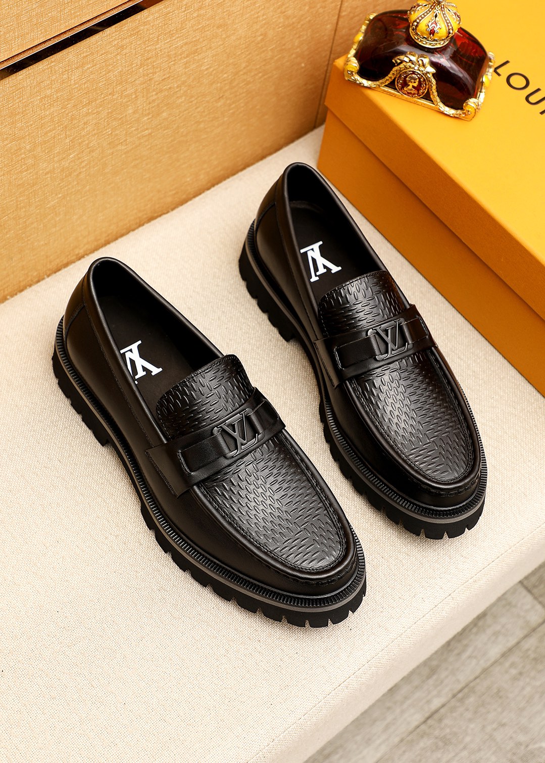 Louis Vuitton Leather Loafers for Men - Embossed Calfskin, Luxurious Hardware 1 Louis Vuitton Leather Loafers for Men - Embossed Calfskin, Luxurious Hardware