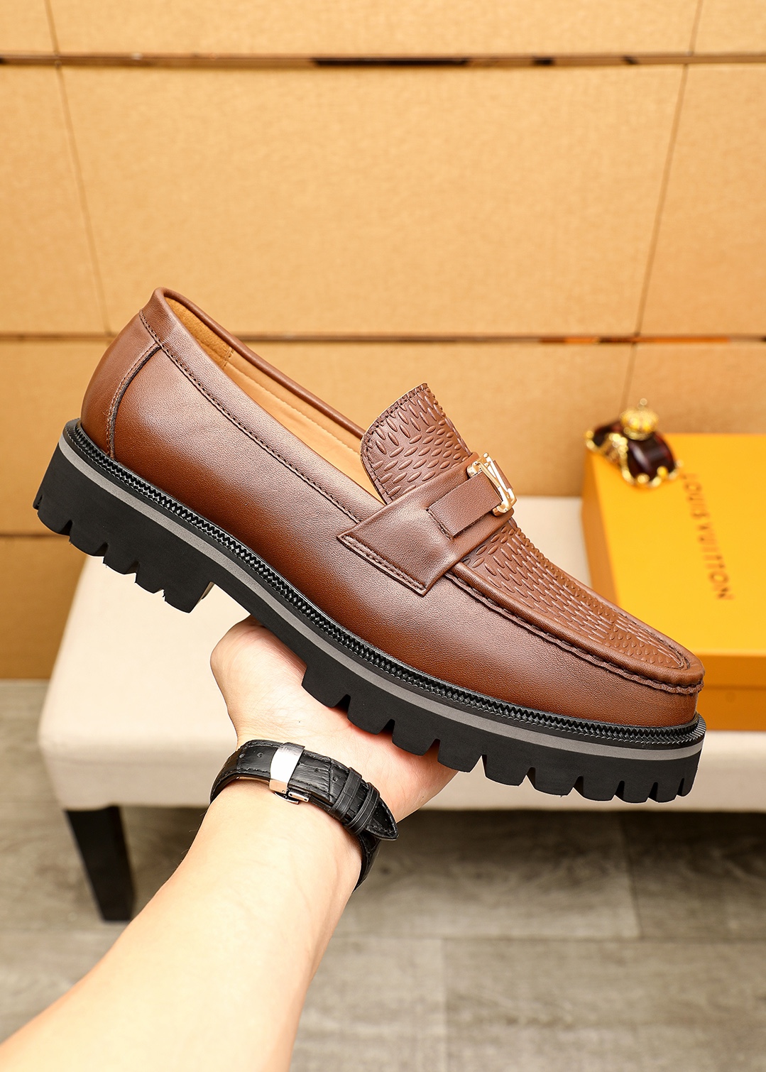 Louis Vuitton Brown Leather Loafers with Embossed Detailing and Silver Hardware 5 i1744683247 2412 3