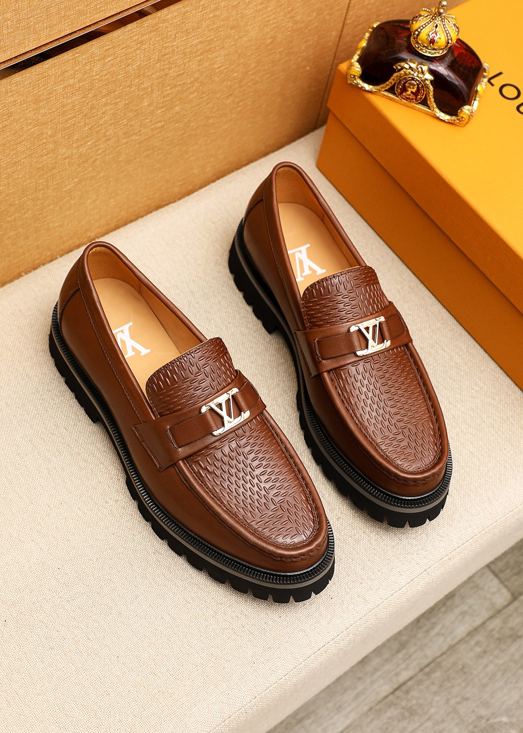 Louis Vuitton Brown Leather Loafers with Embossed Detailing and Silver Hardware 2 i1744683247 6850 0