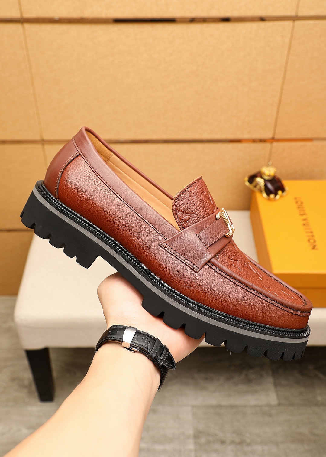 Louis Vuitton Brown Leather Loafers with Embossed Monogram and Lug Sole 5 i1744684240 945 3