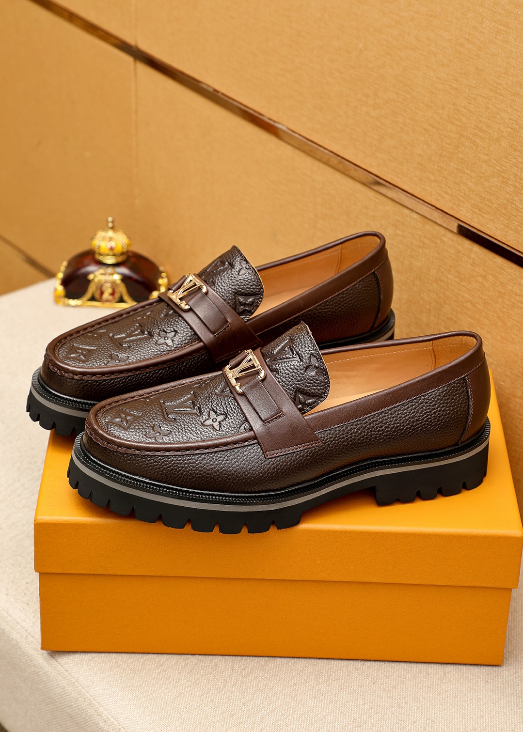 Louis Vuitton Brown Leather Loafers with LV Monogram and Gold Hardware 4 i1744686363 1625 2