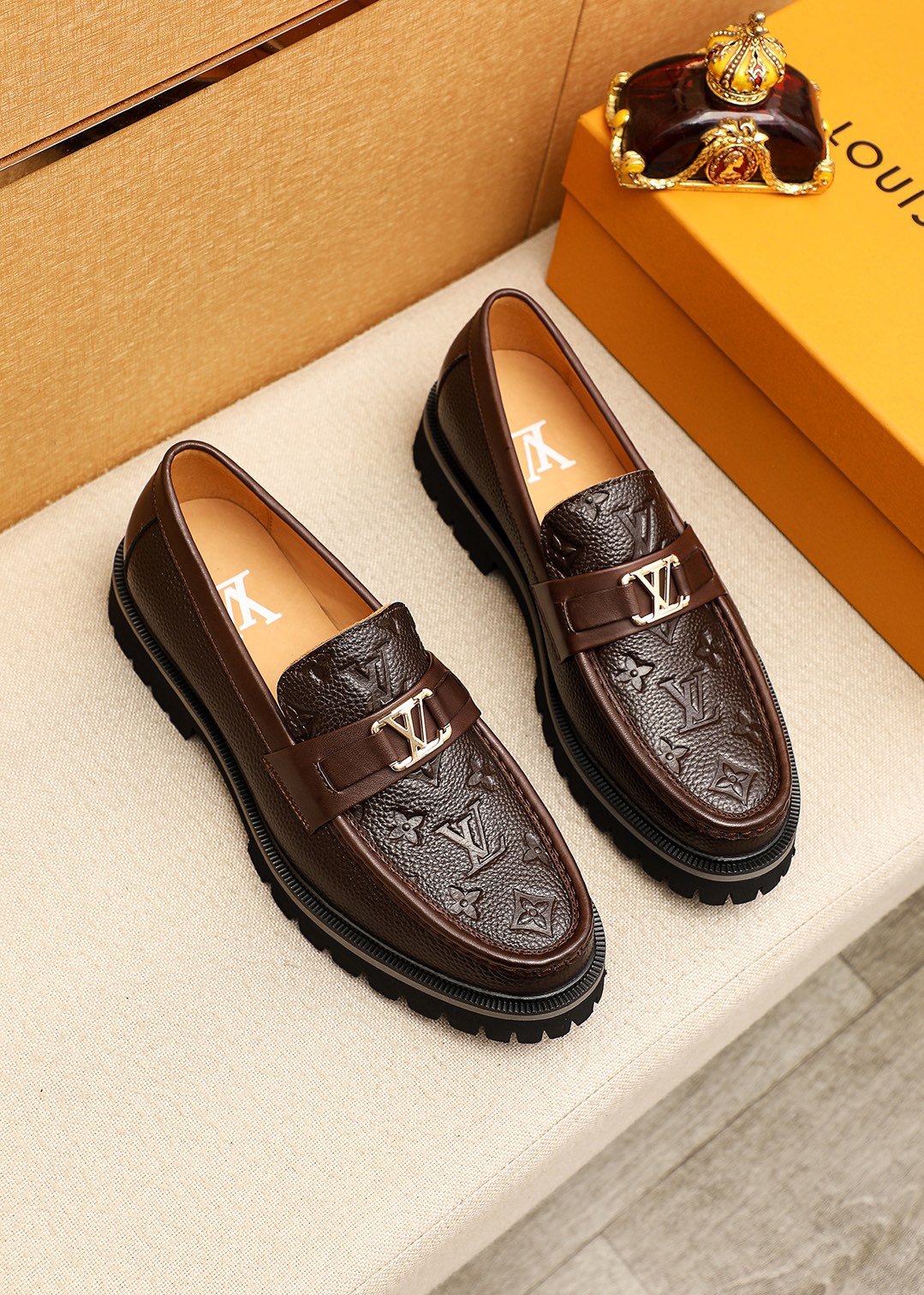 Louis Vuitton Brown Leather Loafers with LV Monogram and Gold Hardware 2 i1744686363 1960 0