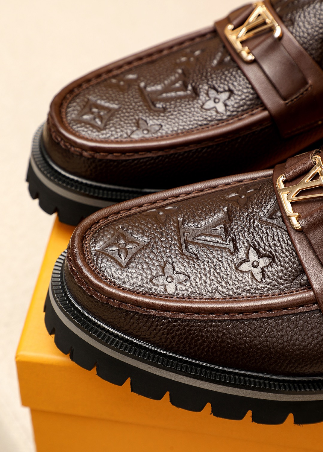 Louis Vuitton Brown Leather Loafers with LV Monogram and Gold Hardware 8 i1744686363 2970 6