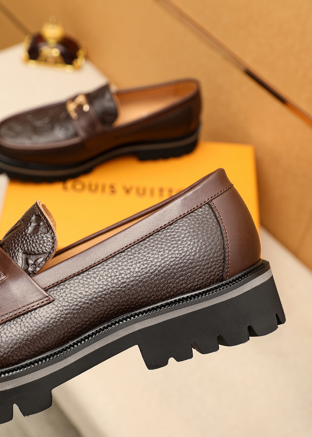 Louis Vuitton Brown Leather Loafers with LV Monogram and Gold Hardware 7 i1744686363 3665 5