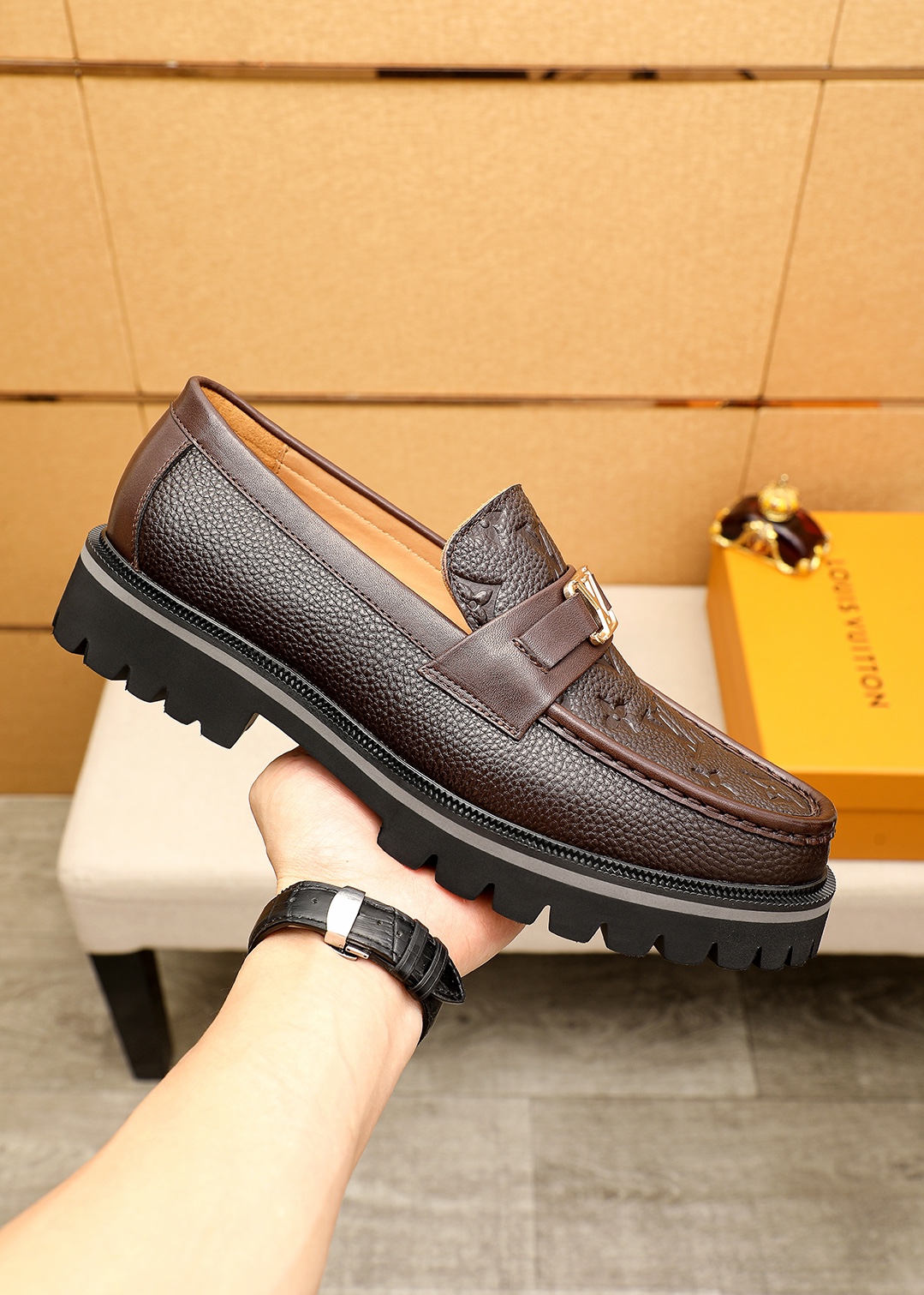 Louis Vuitton Brown Leather Loafers with LV Monogram and Gold Hardware 5 i1744686363 4756 3