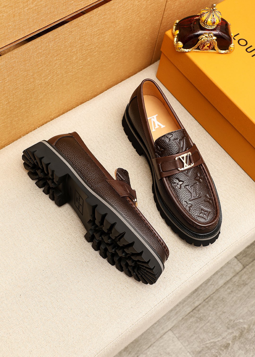 Louis Vuitton Brown Leather Loafers with LV Monogram and Gold Hardware 3 i1744686363 7458 1