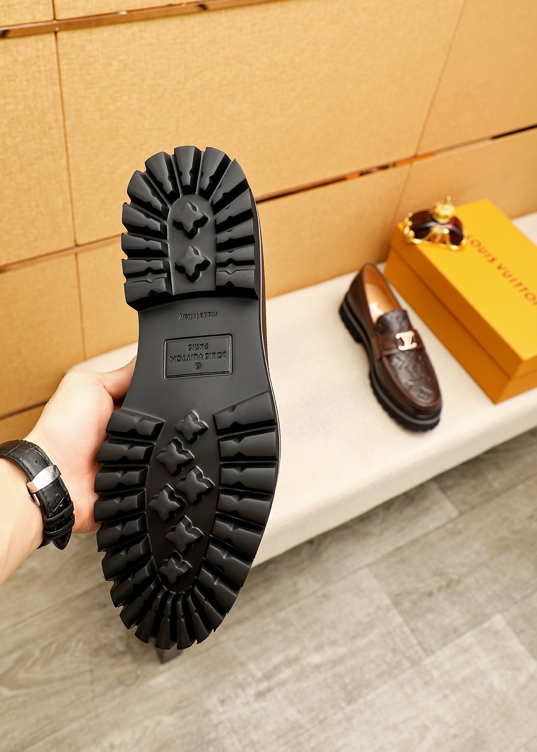 Louis Vuitton Brown Leather Loafers with LV Monogram and Gold Hardware 10 i1744686540 9951 0