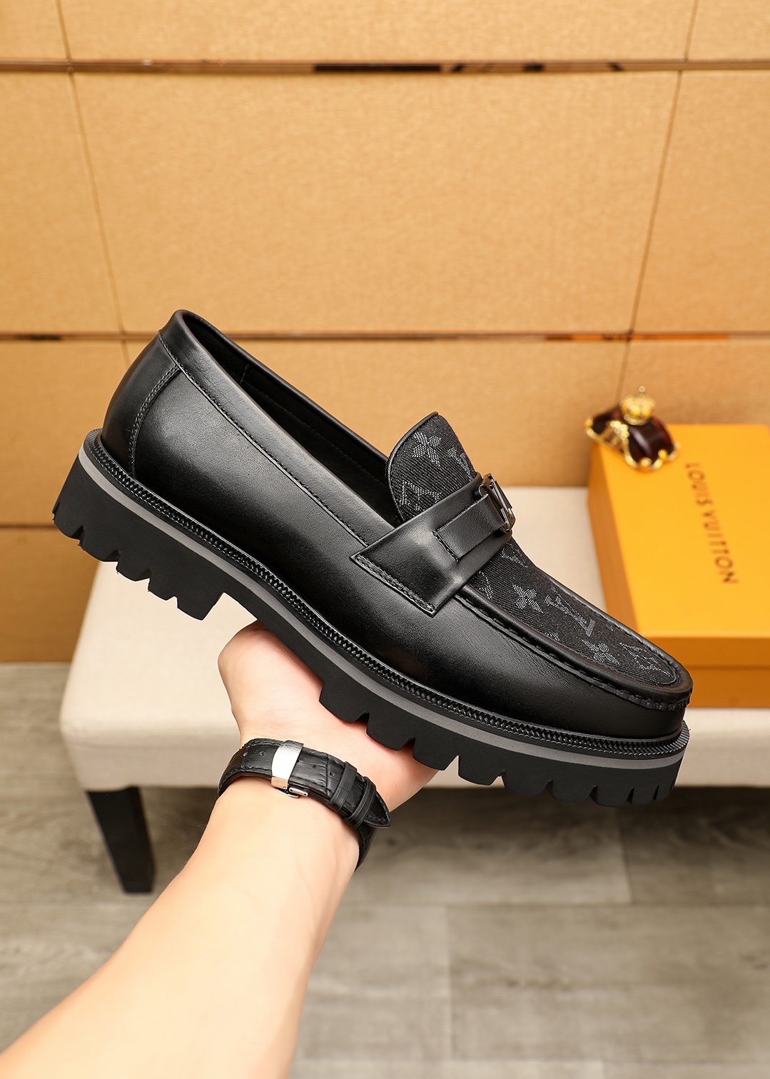 Louis Vuitton Men's Leather Loafers Black Monogram Embossed Dress Shoes 5 i1744687041 2155 3