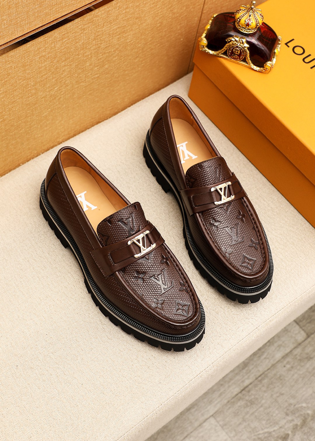 Louis Vuitton Leather Loafers with Embossed Monogram and Lug Sole 1 Louis Vuitton Leather Loafers with Embossed Monogram and Lug Sole