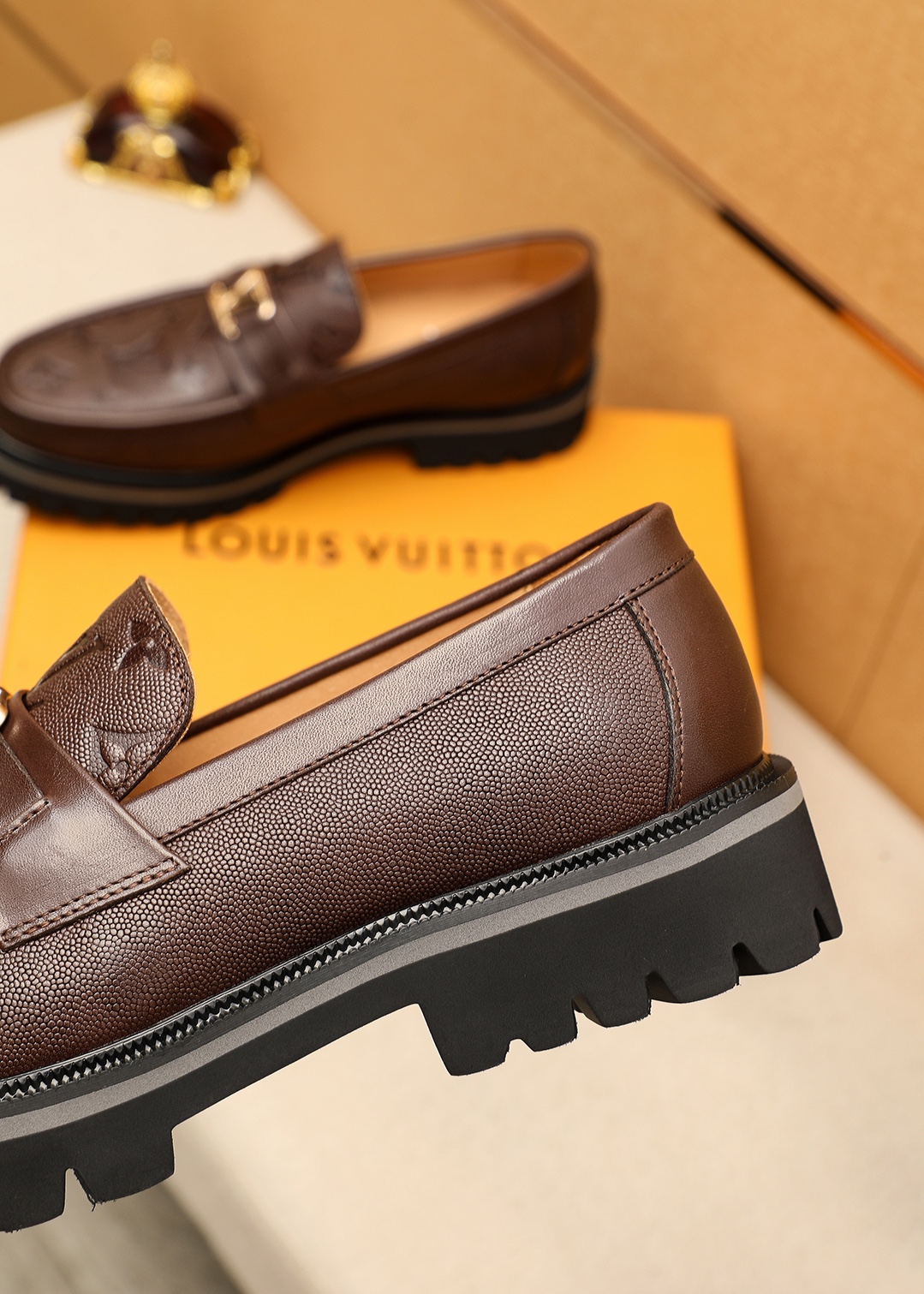 Louis Vuitton Brown Leather Loafers with Embossed Monogram and Silver Buckle 7 i1744689317 171 5