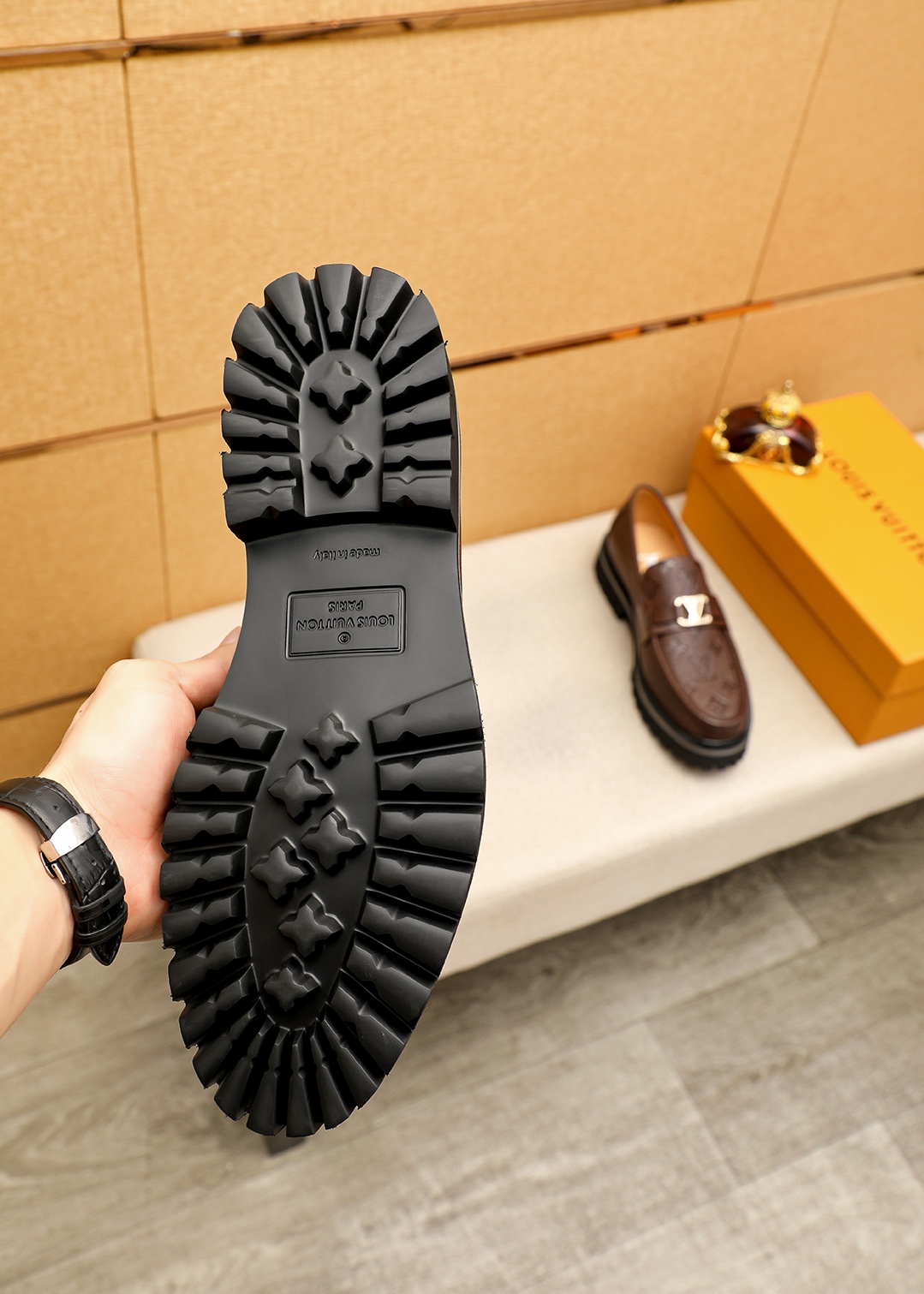 Louis Vuitton Brown Leather Loafers with Embossed Monogram and Silver Buckle 10 i1744689317 4663 8
